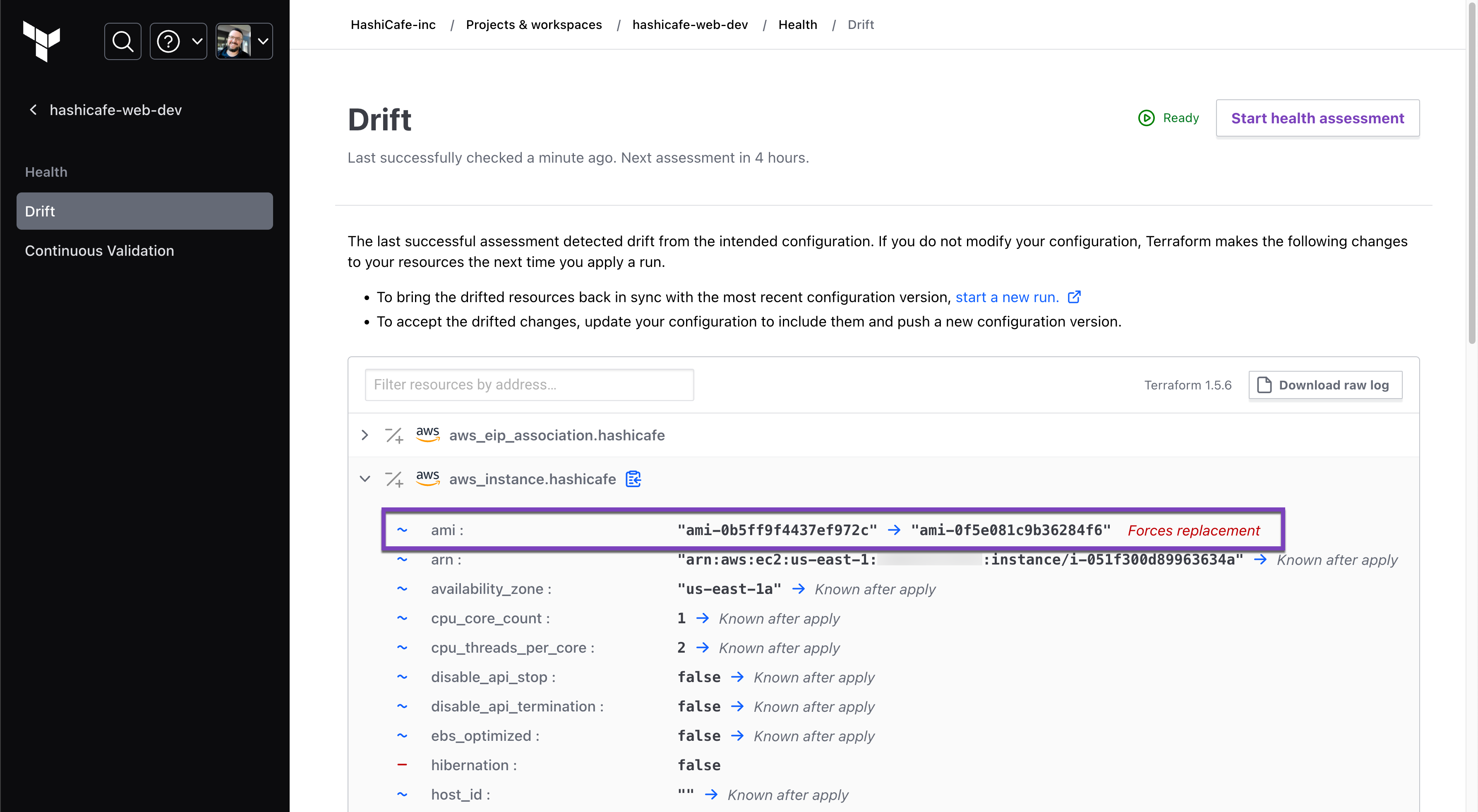 View the last time drift was checked, the resources detected as being in a state of drift, and a visualization showing which attributes have changed