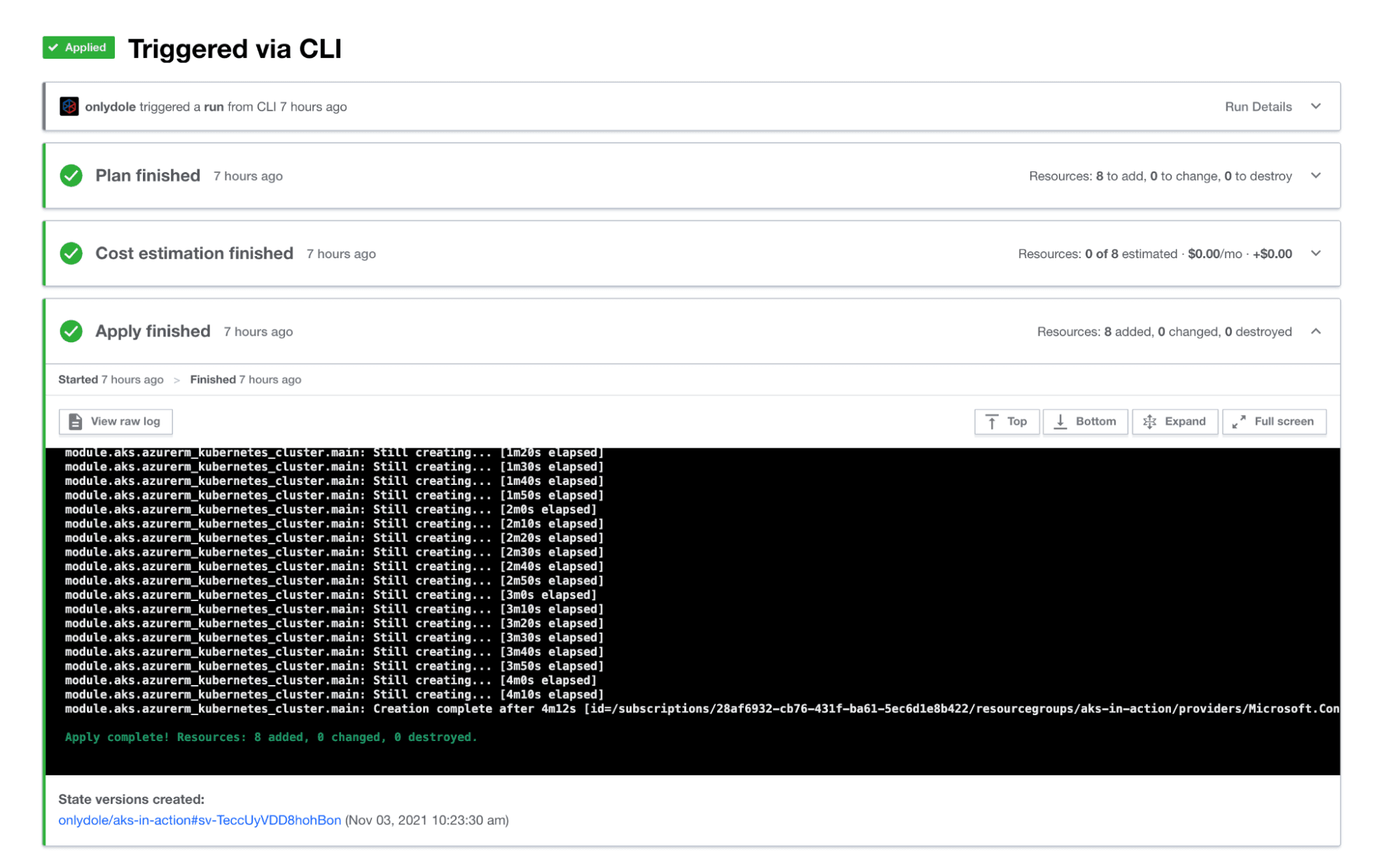 Terraform Cloud UI run