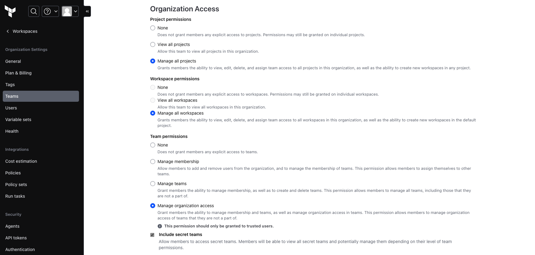 Grant permissions to specific teams to create, read, update, and delete teams.
