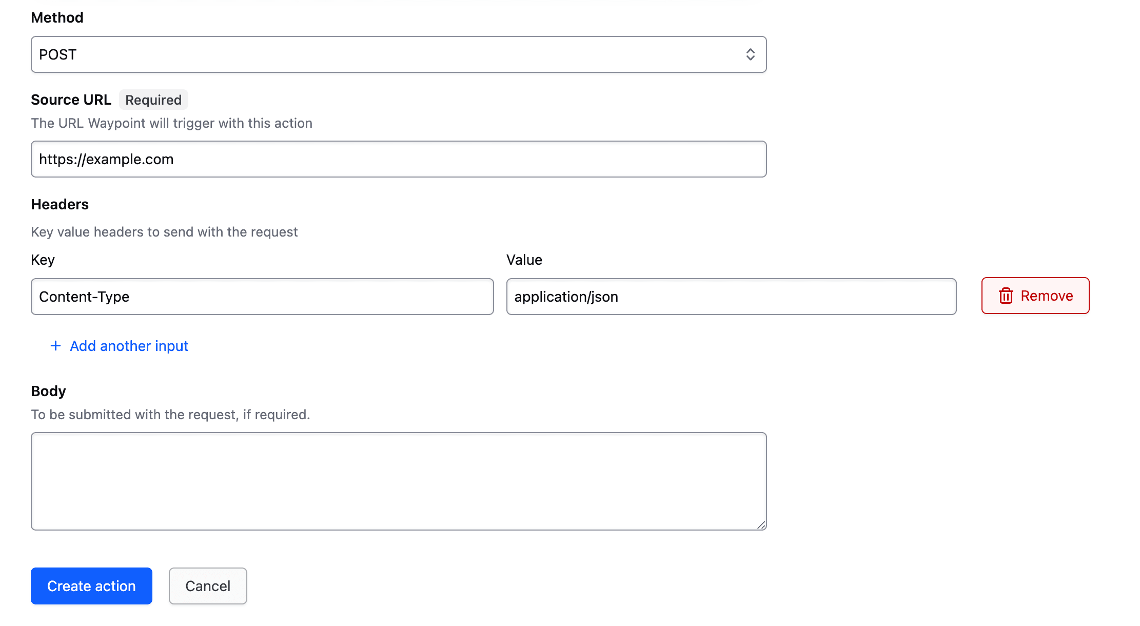 Configuring a custom type action with HTTP options