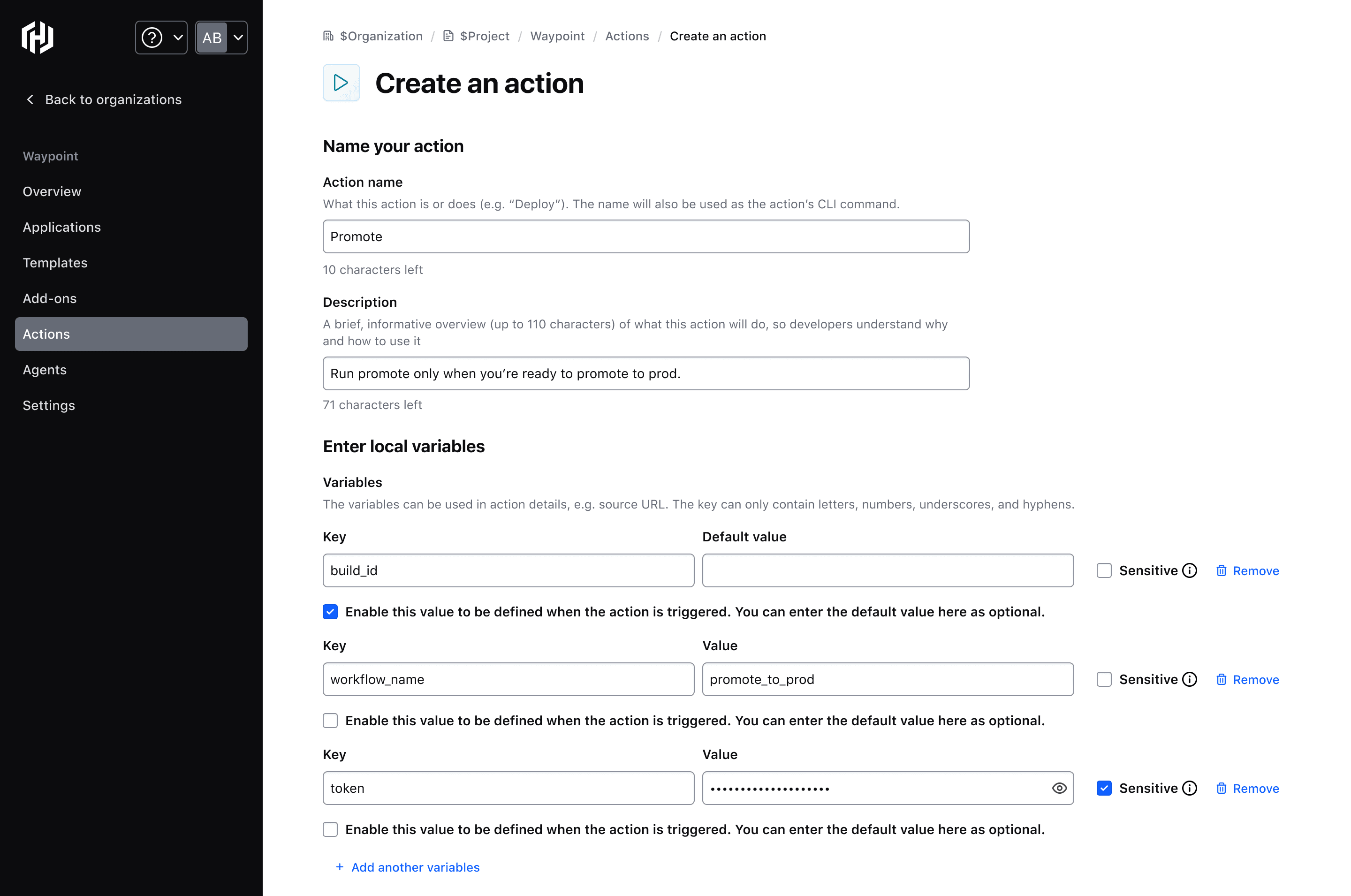 Entering local variables when creating an action in the HCP Waypoint UI