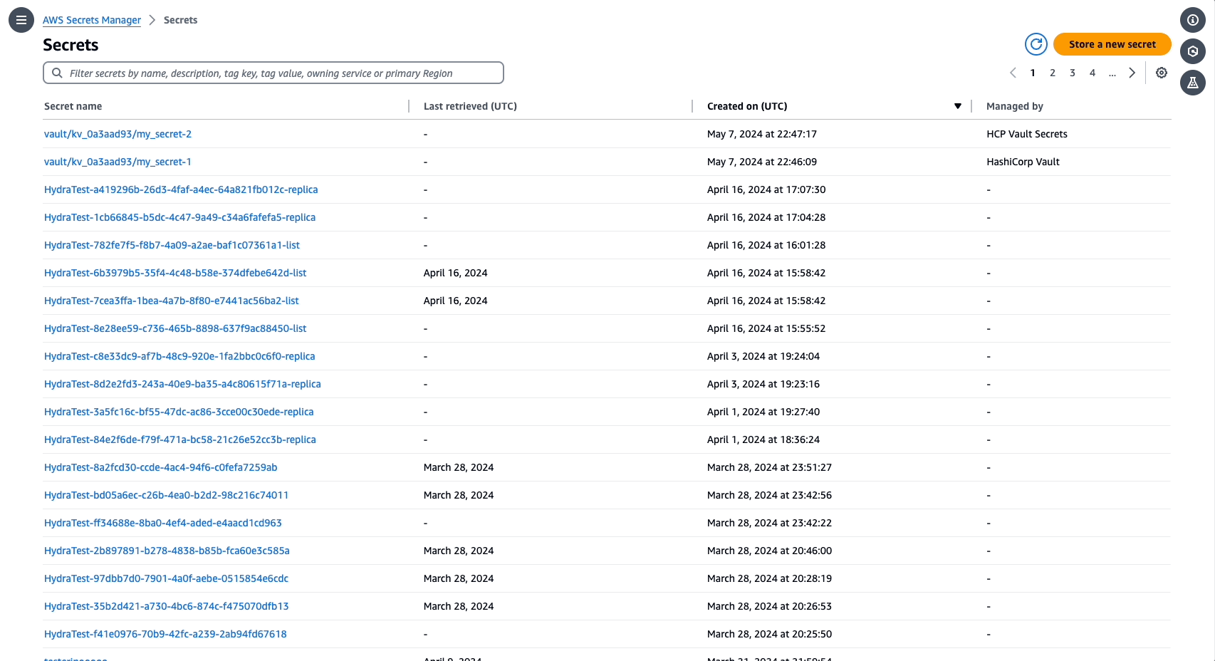 Secrets managed via HashiCorp Vault in the AWS Secrets Manager console