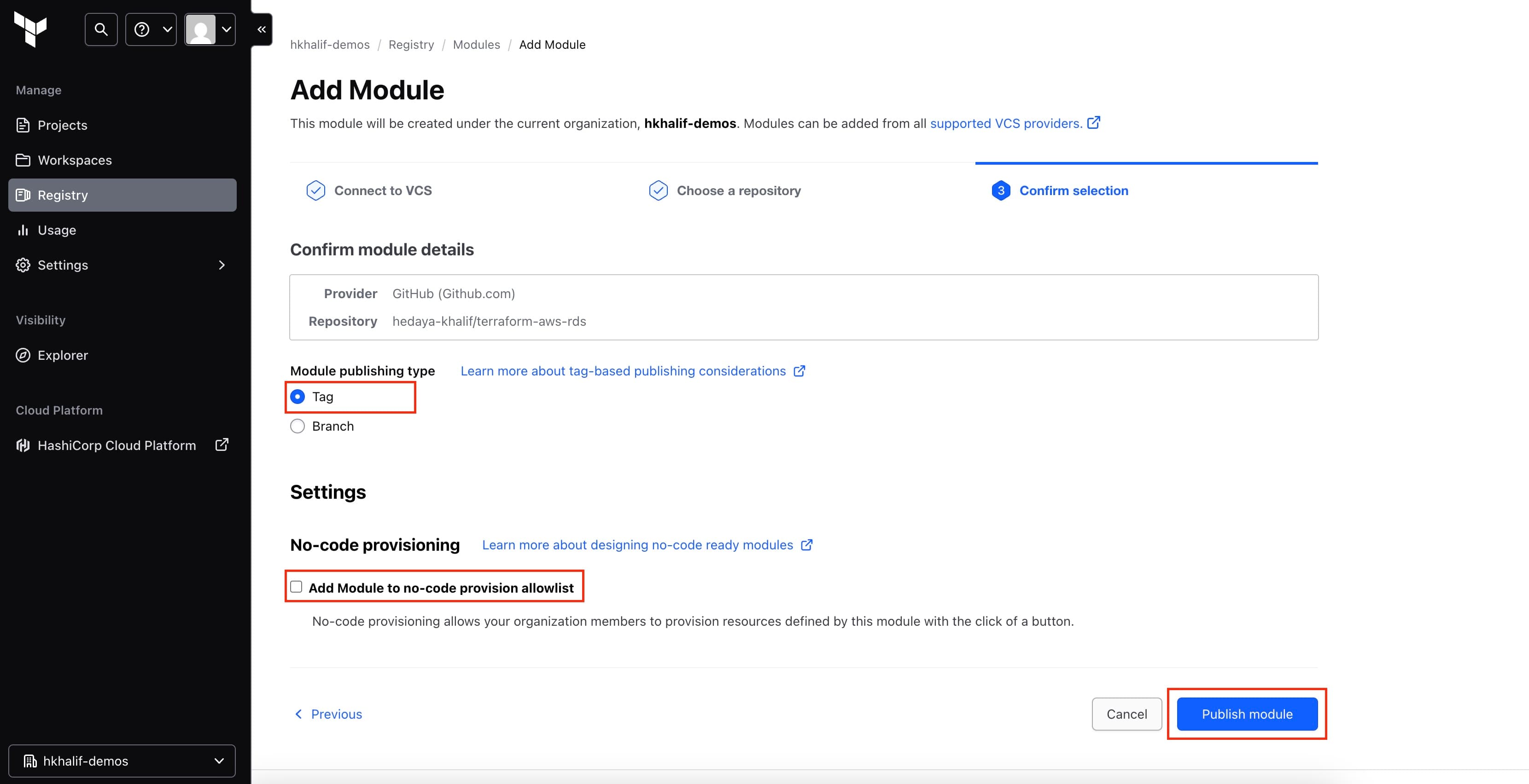 Confirm selection add module