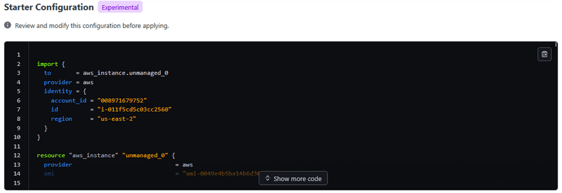 Generated starter configuration within the HCP Terraform UI