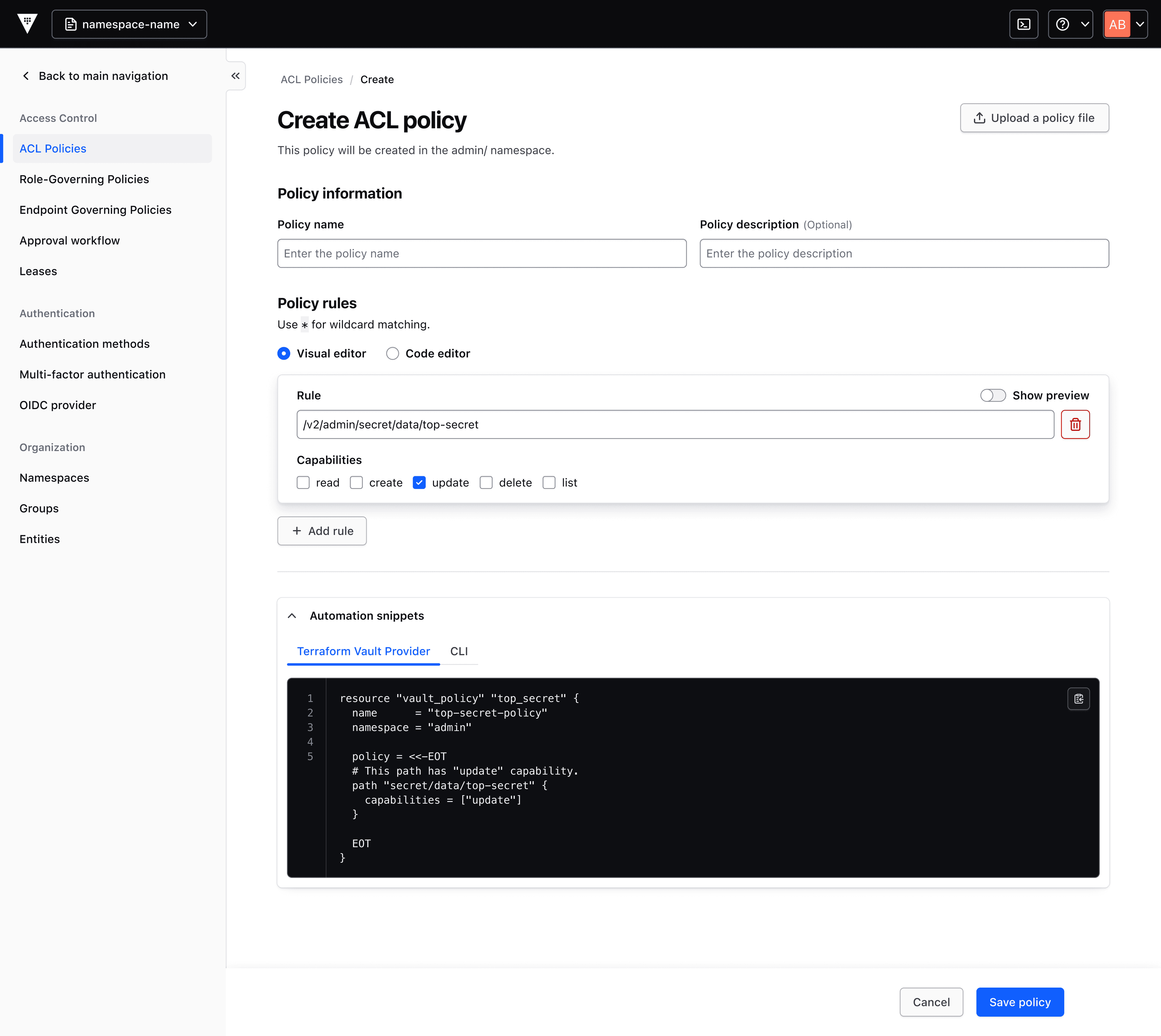 A screenshot of the IBM Vault UI showing the visual policy generator for ACL policy