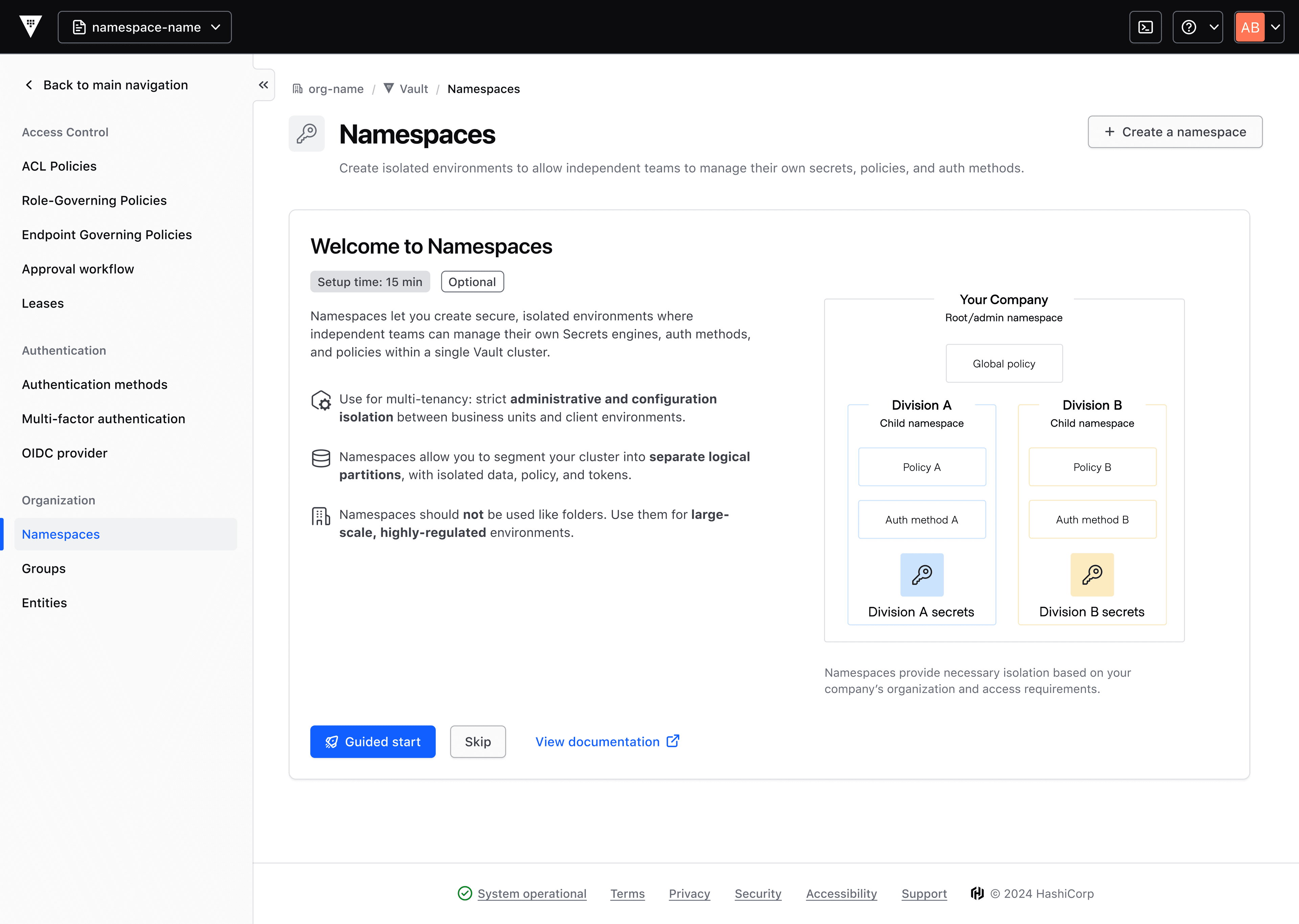 A screenshot of IBM Vault UI showing the introductory page to Namespaces