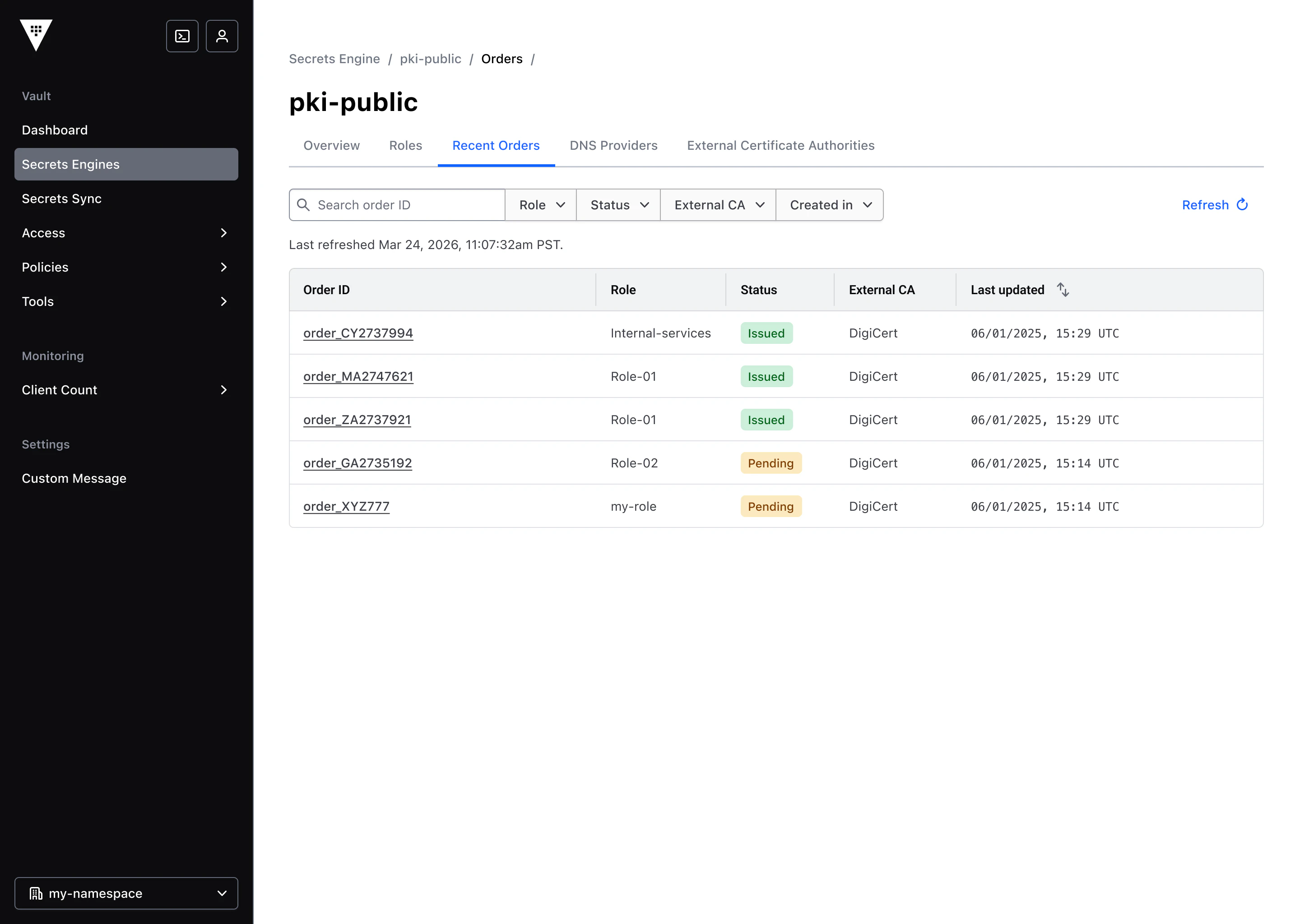 An image of the Vault UI with updates to Secrets Engine to view and manage public certificates.