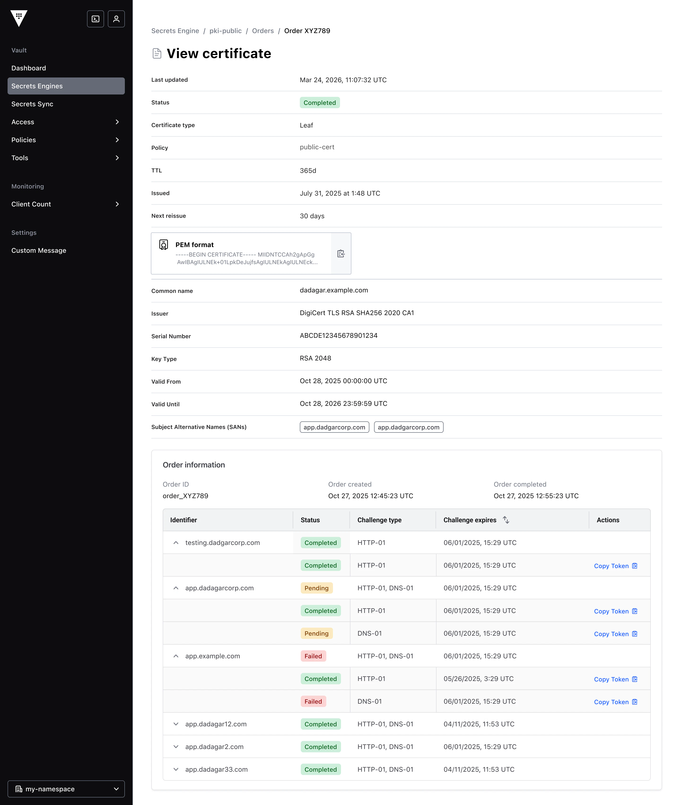 An image of the Vault UI showing the detail of certificate orders.