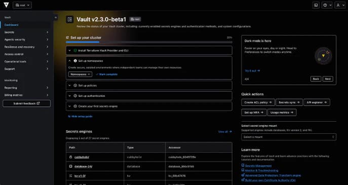 An image of the Vault product UI with enhancements delivered as part of the Vault 2.2 release - including dark mode, feature spotlights and the Submit feedback button