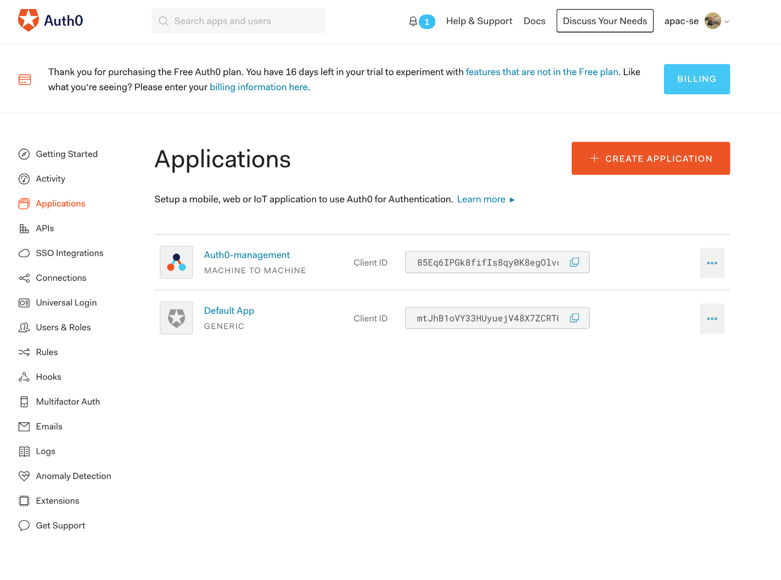Create a new app in Auth0