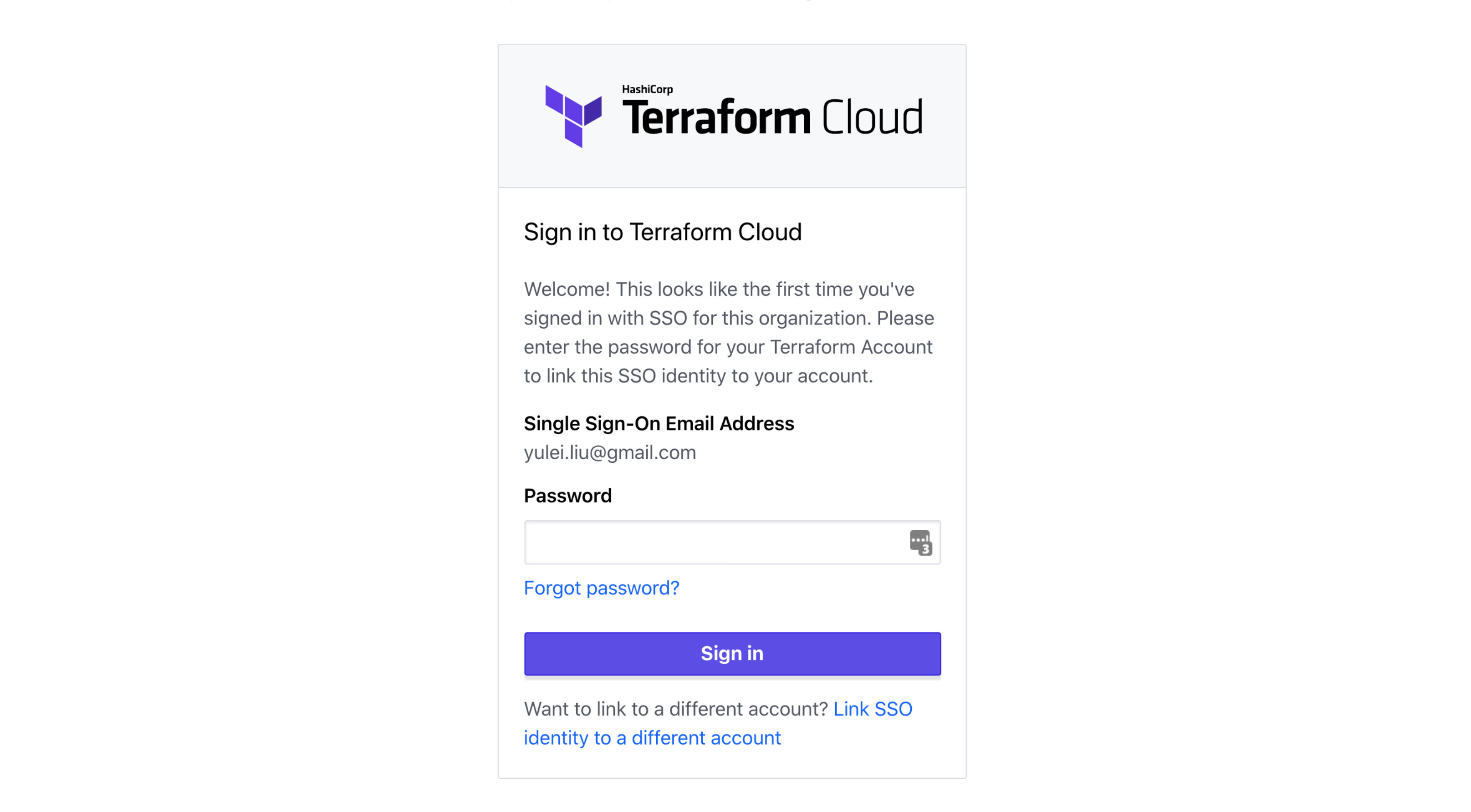 Terraform Cloud Single-Sign On dialogue