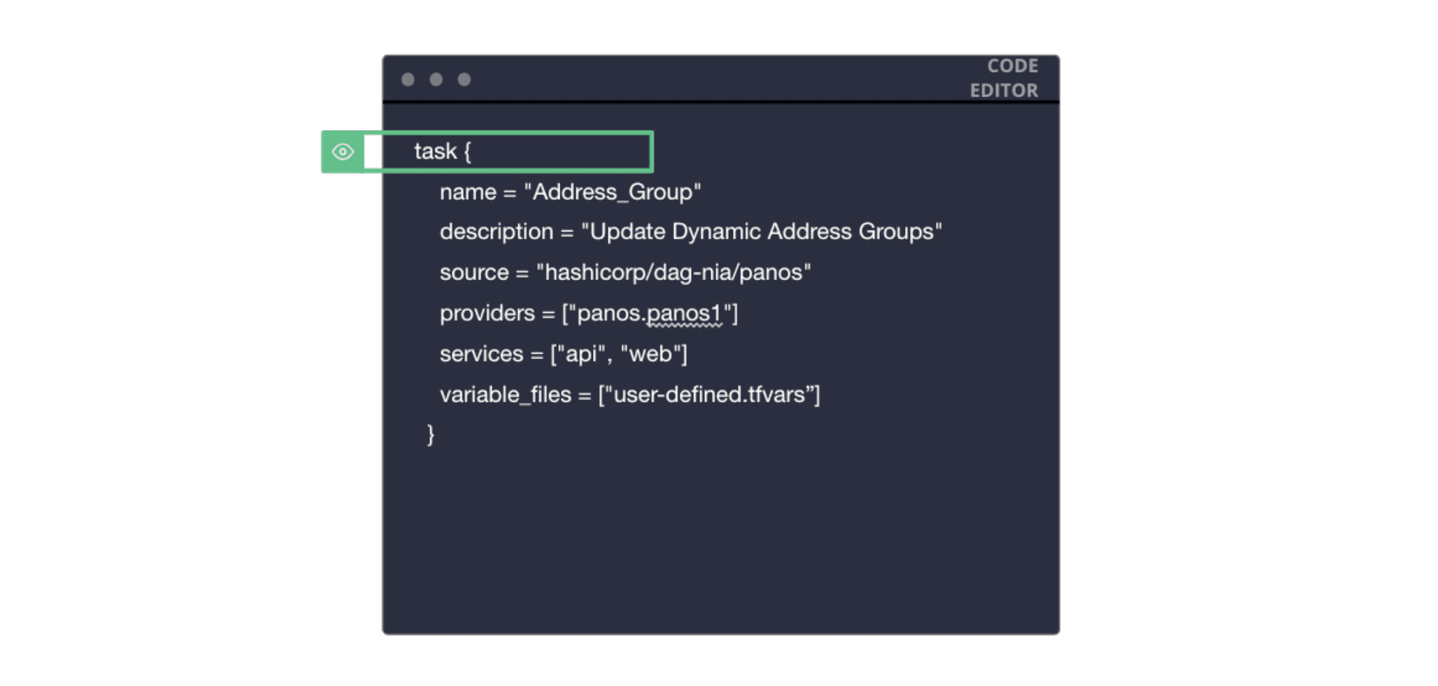 Illustration of Task for Consul Terraform Sync in HashiCorp Configuration Language (HCL)