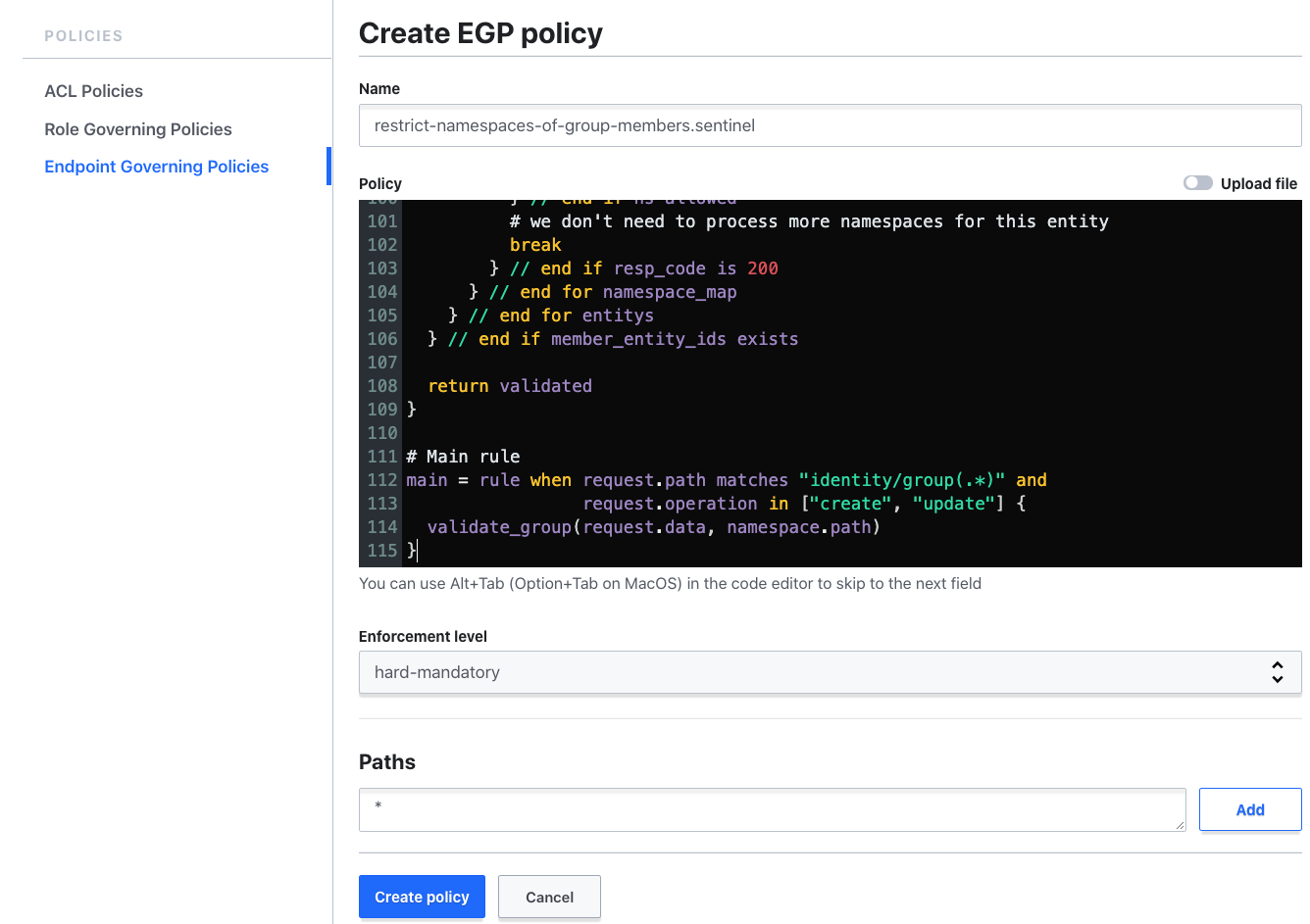Creating the primary policy in the UI