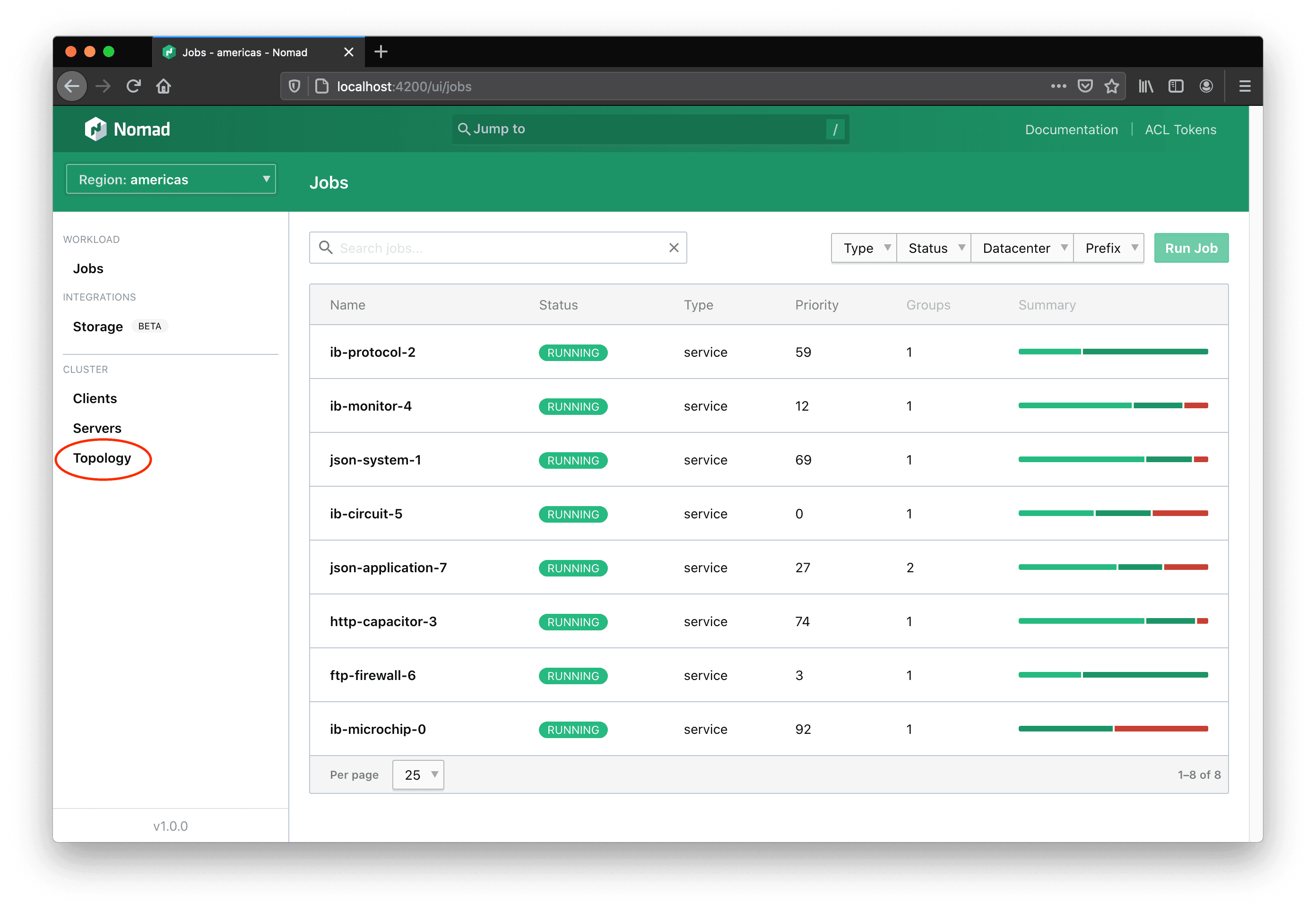 The jobs list view of the Nomad UI with the new topology link in the left-hand menu highlighted.