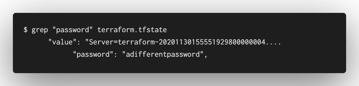 Code block running `grep "password" terraform.tfstate`