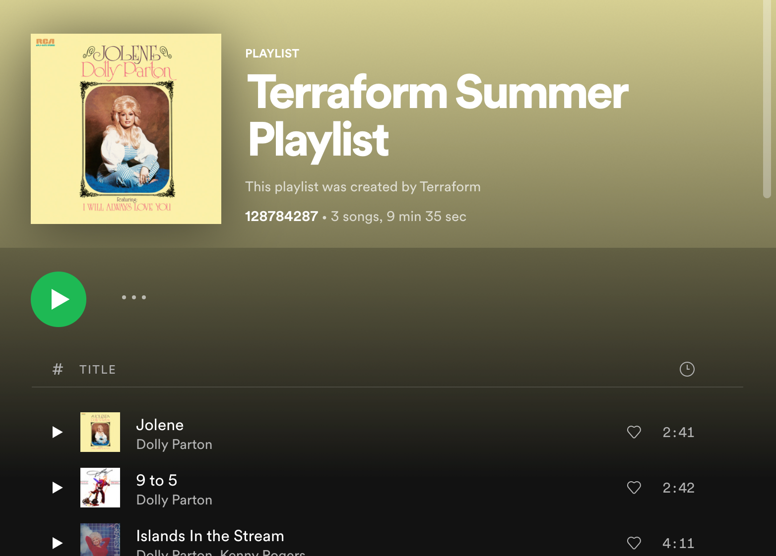 Spotify playlist, built with community-authored Terraform provider