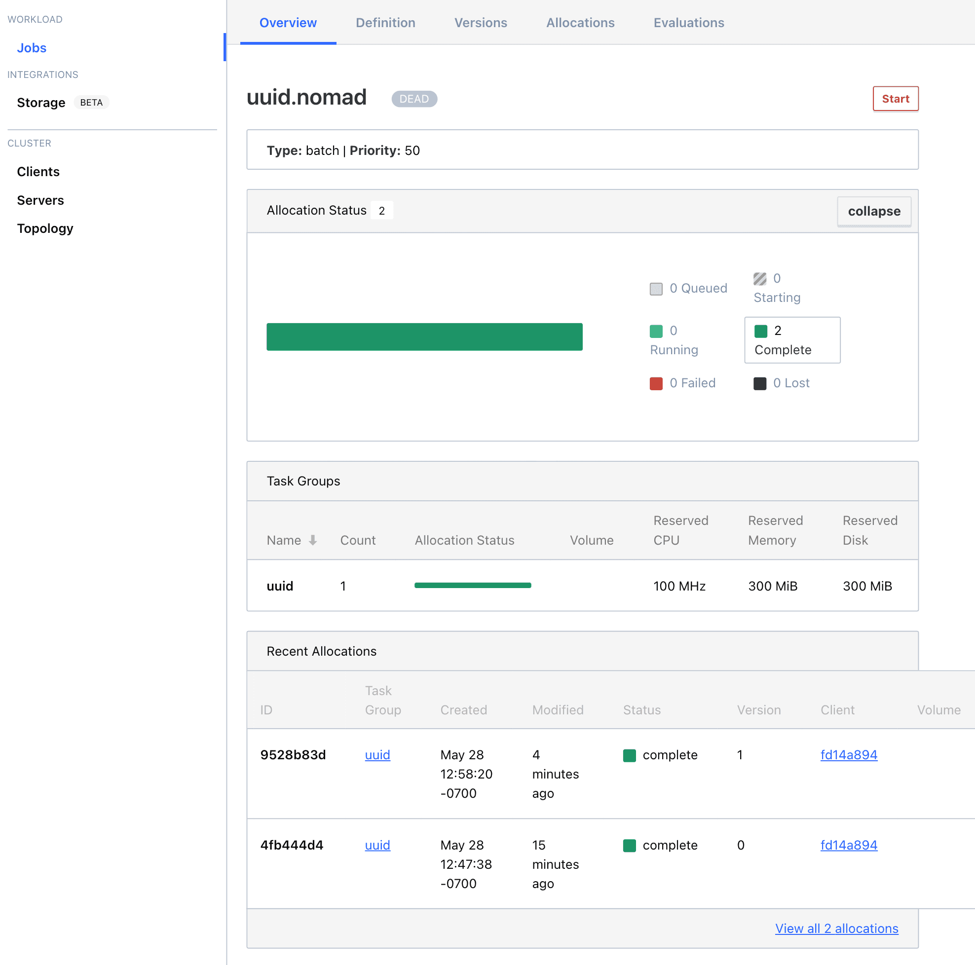 Nomad UI view: You can see in the Recent Allocations view that the two jobs ran successfully. 