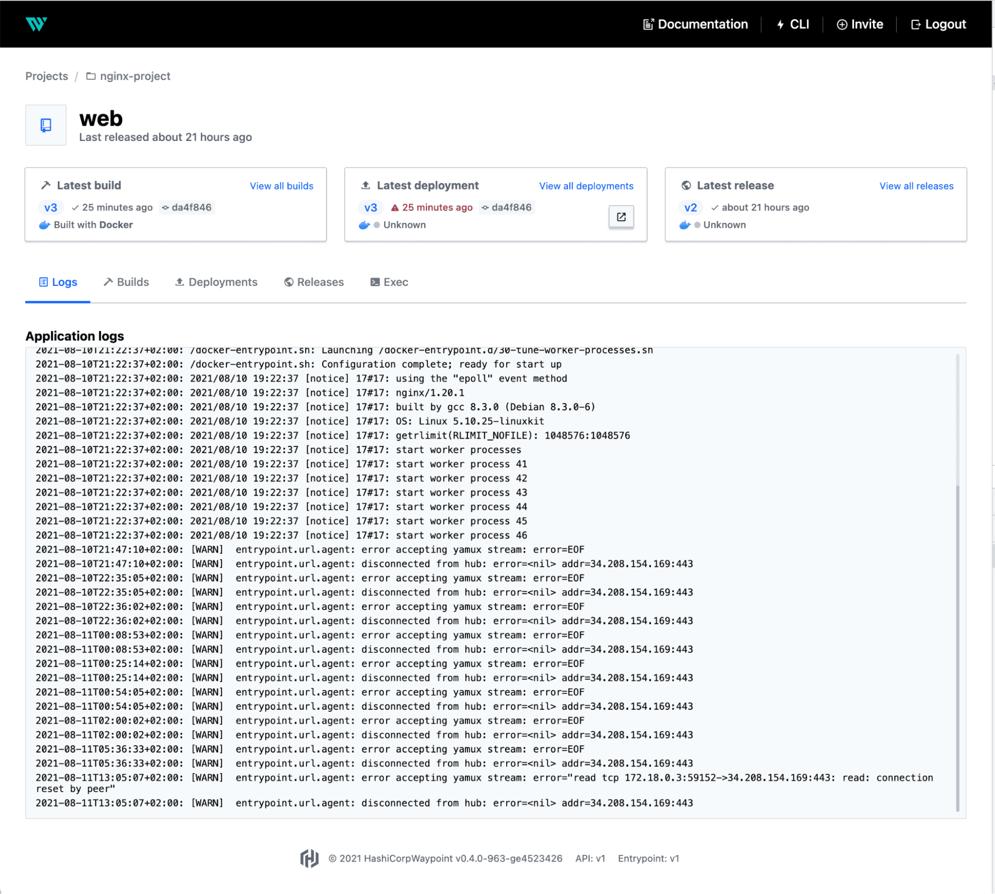 Git reference information application logs in Waypoint UI