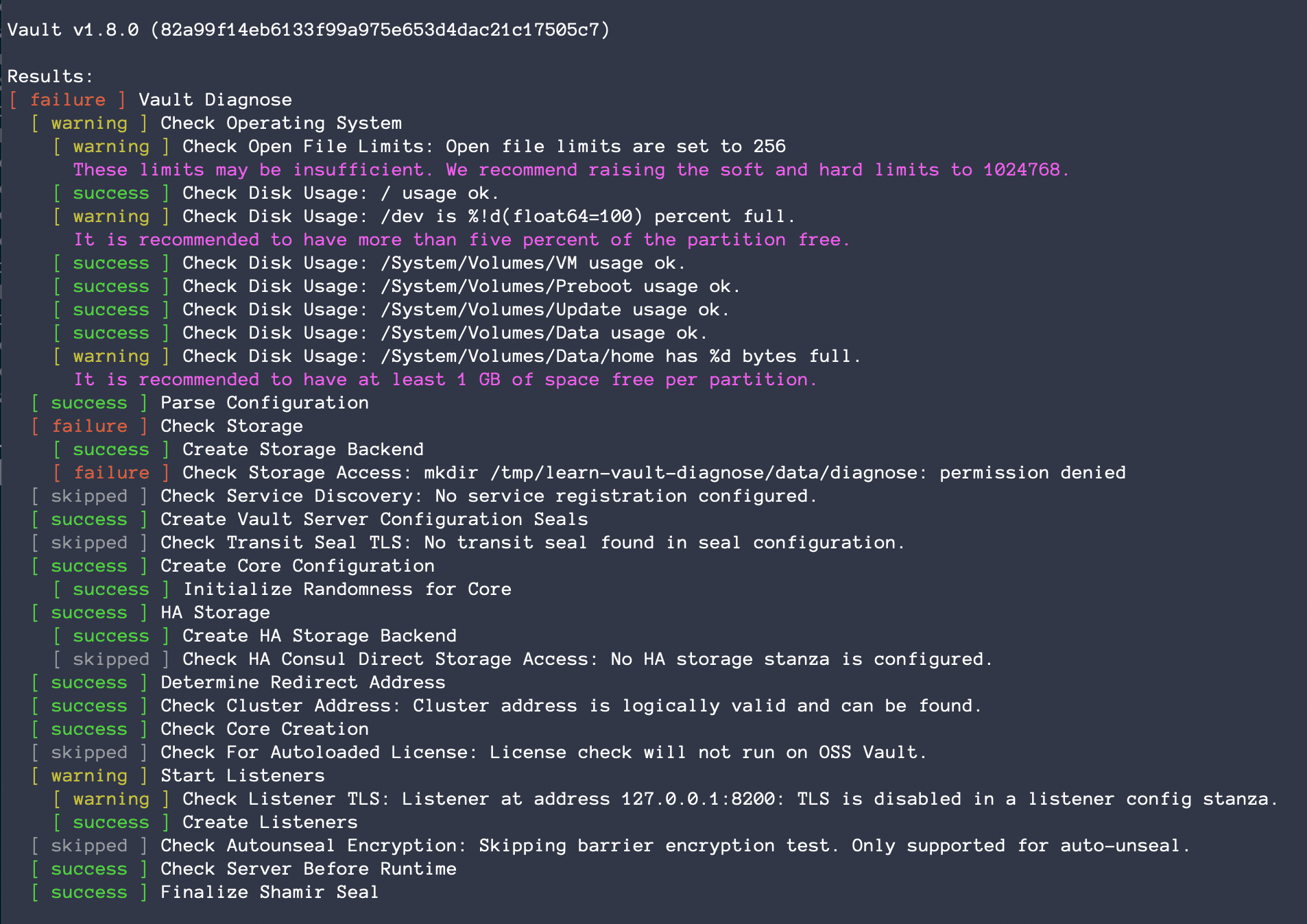Vault diagnose command terminal example