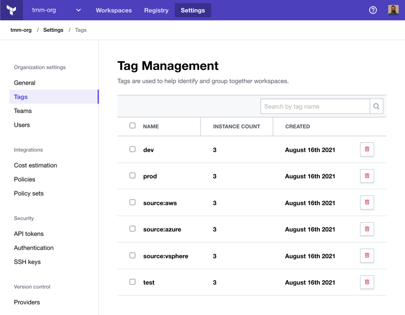 Tag management page