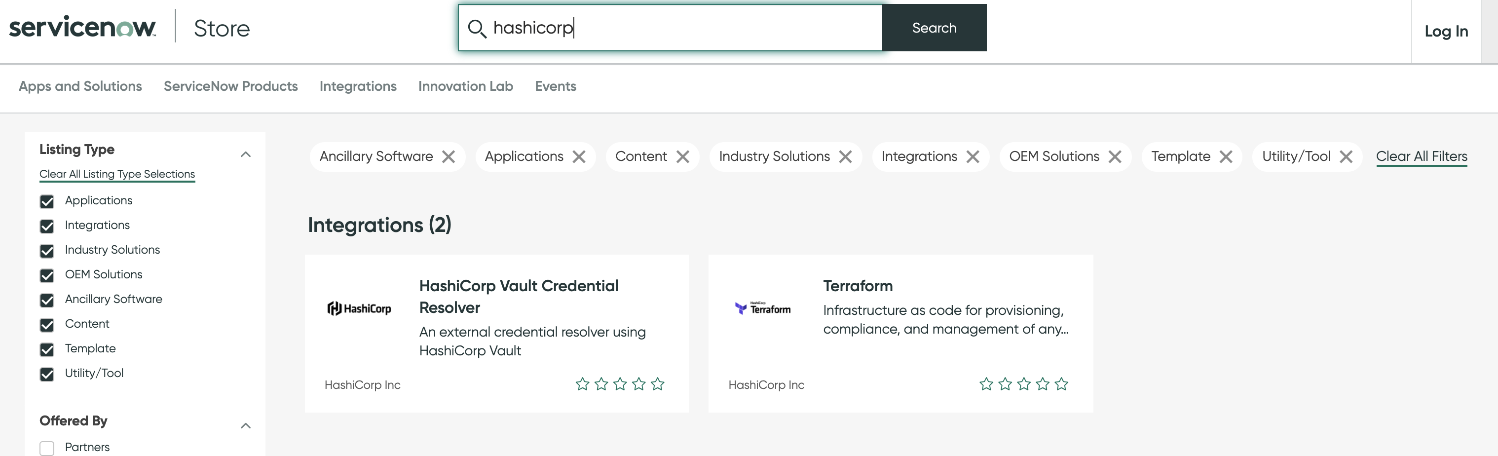 HashiCorp integrations in the ServiceNow store