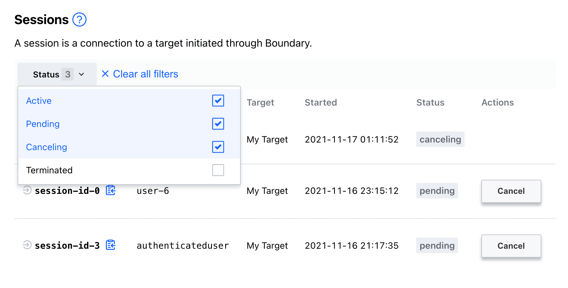 Session filtering in Boundary Desktop