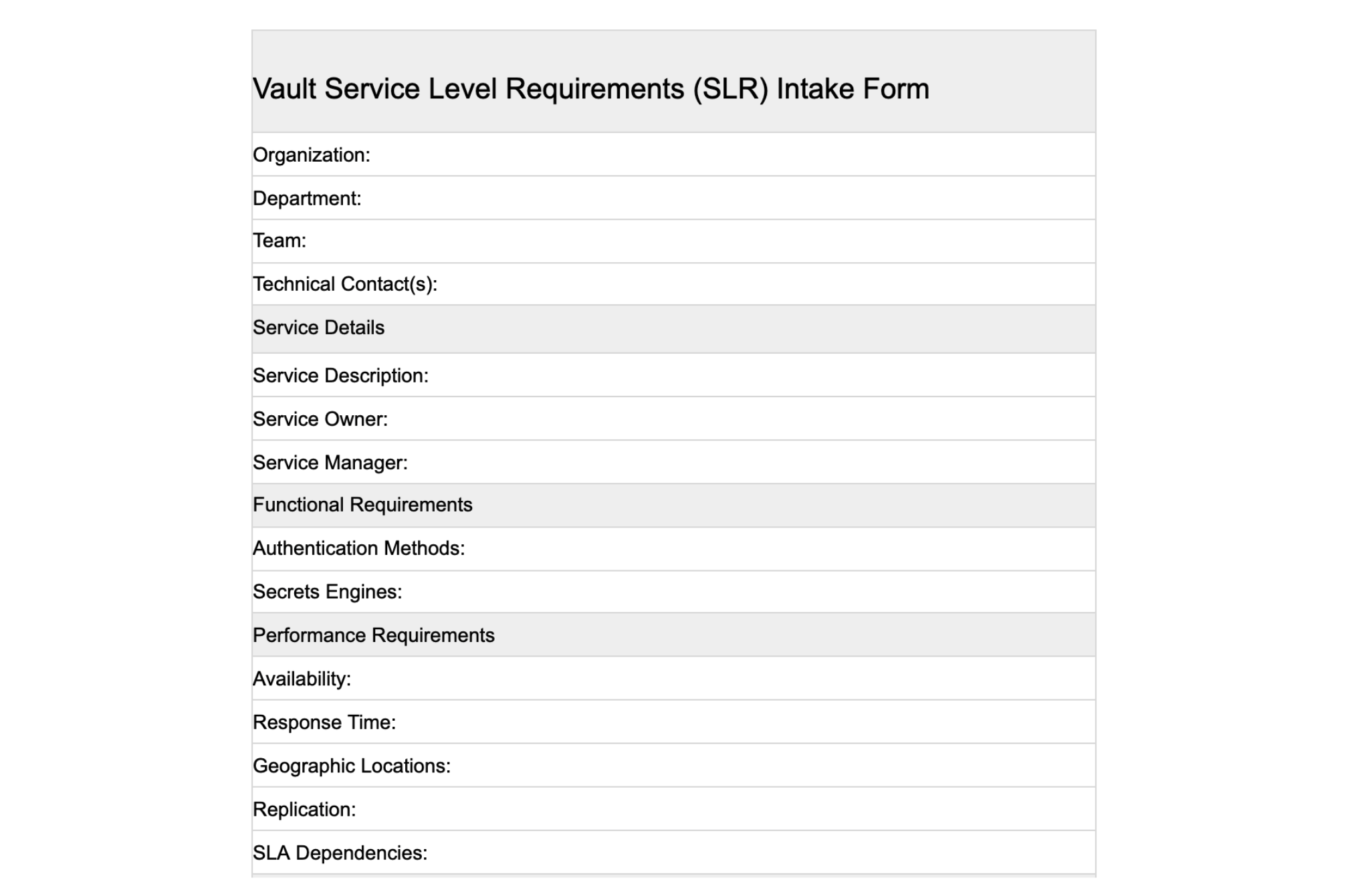 Vault service level requirements intake form