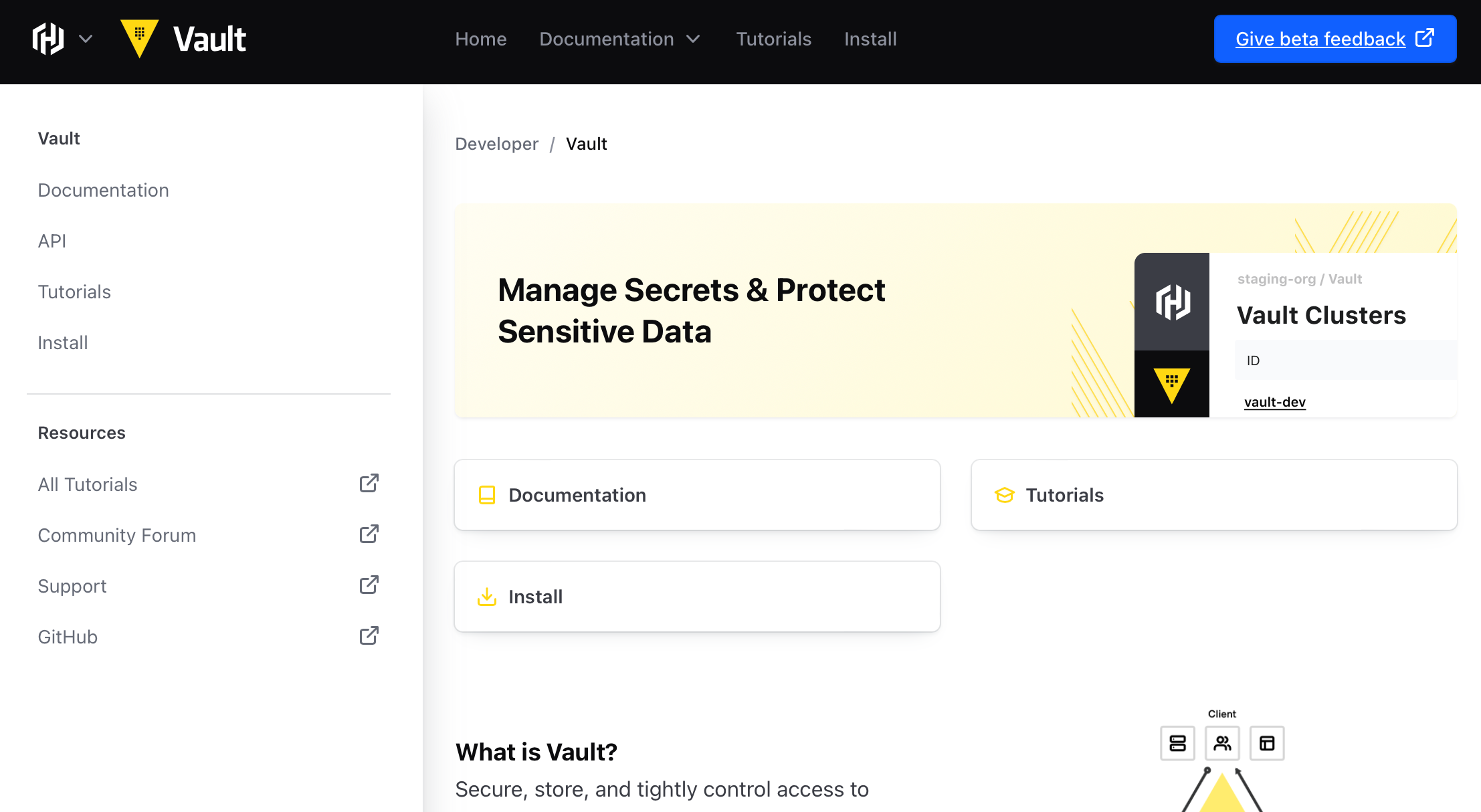 Vault page on HashiCorp Developer site