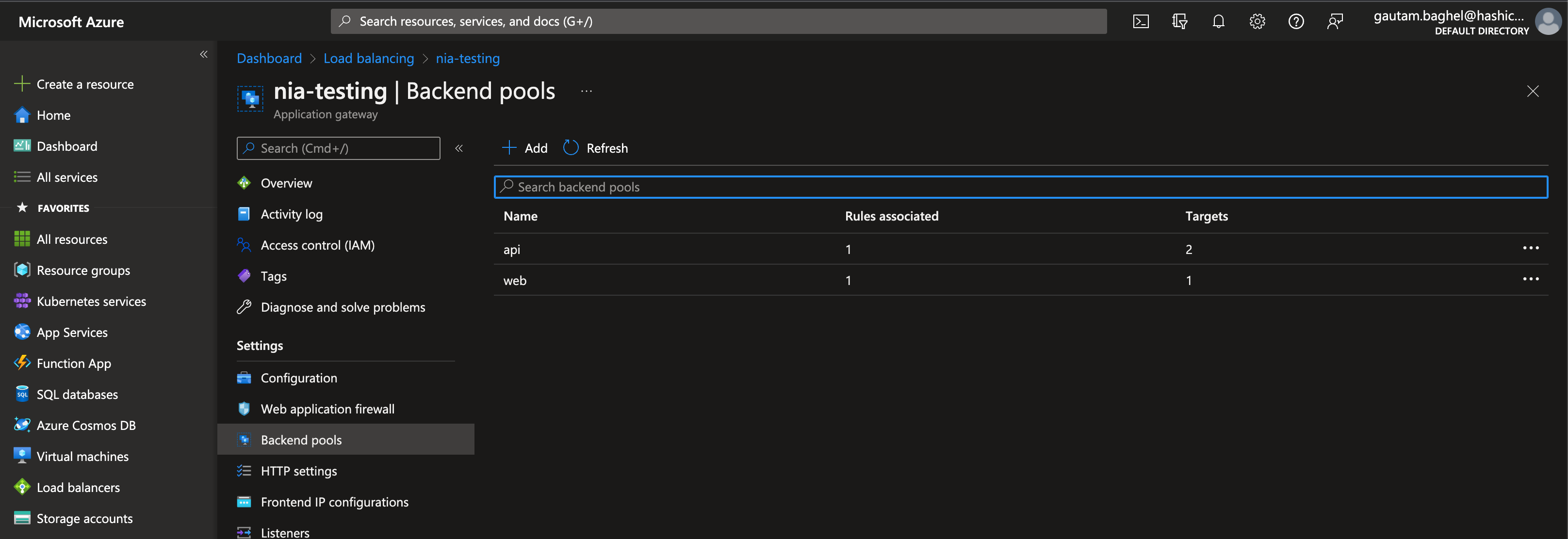 Azure Application Gateway shows two targets in its backend pool for the API service and one target for the web service
