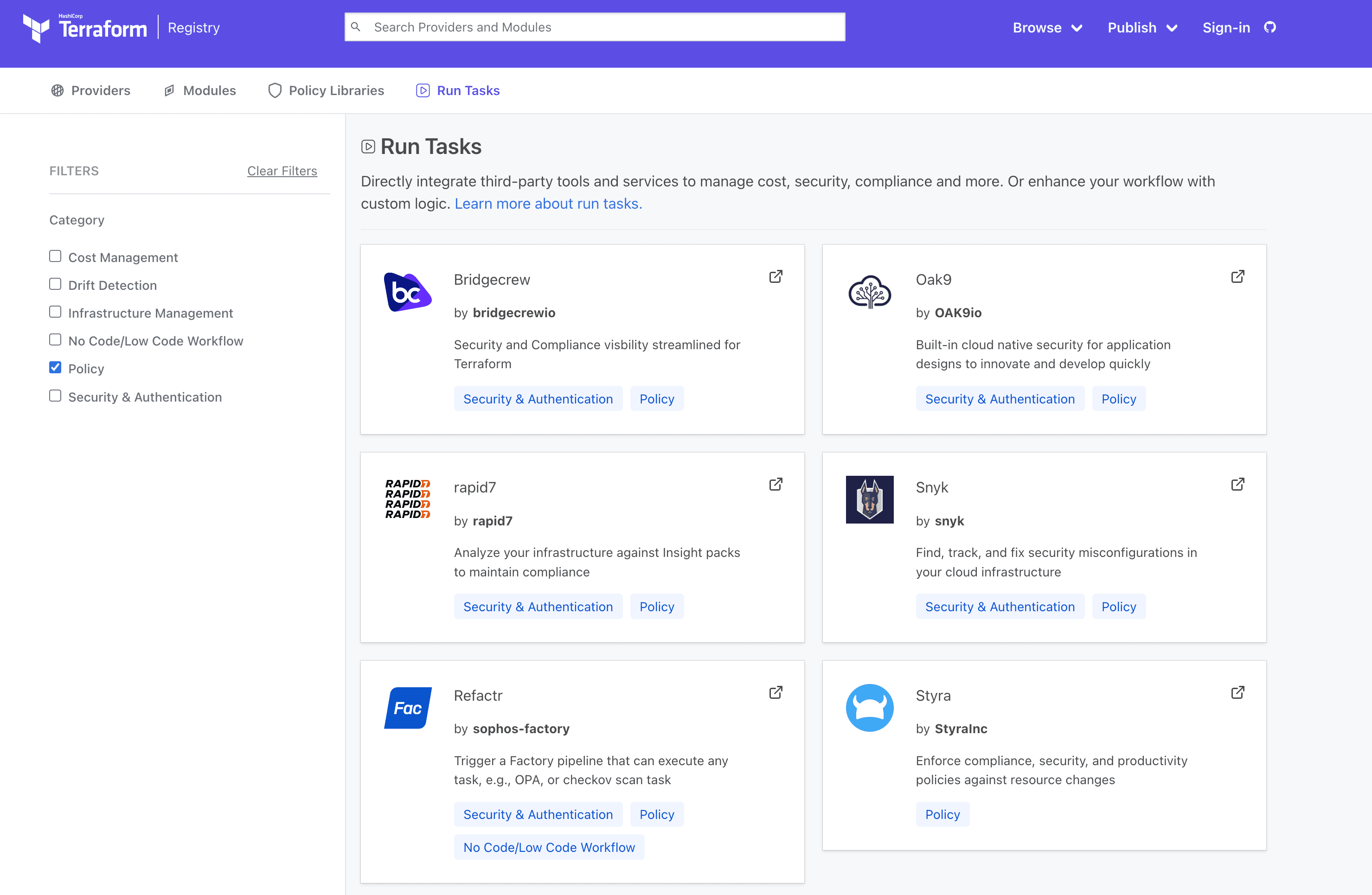 Terraform run tasks in the Policy filter