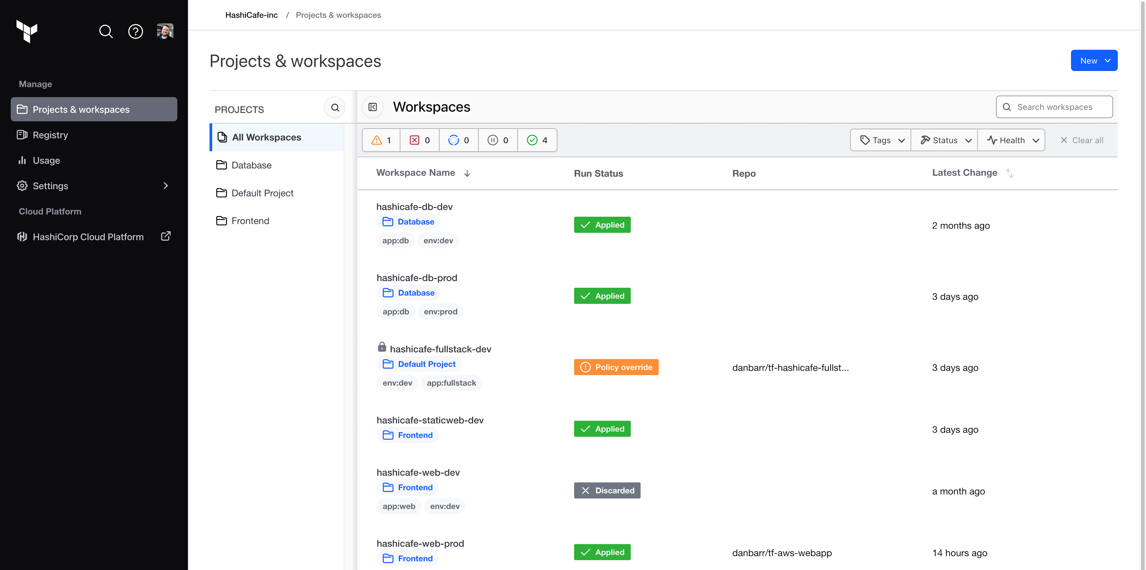 Projects & workspaces tab