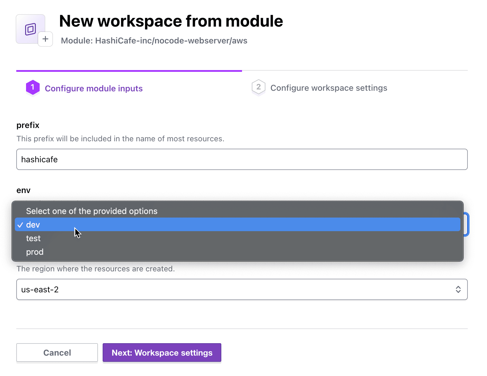 Variable input dropdowns allow no-code module consumers to choose from pre-approved values.