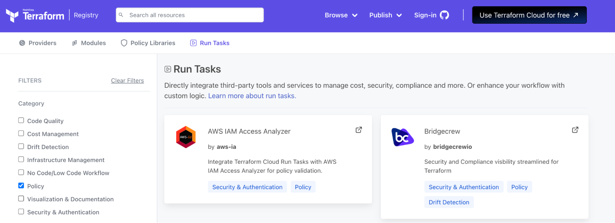 A new AWS IAM Access Analyzer run task has now been published as a Terraform module and an AWS run task in the Terraform Registry.