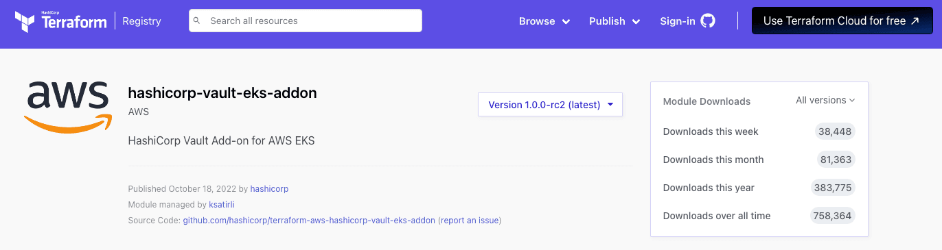 The Vault on Amazon EKS add-on has almost one million downloads.