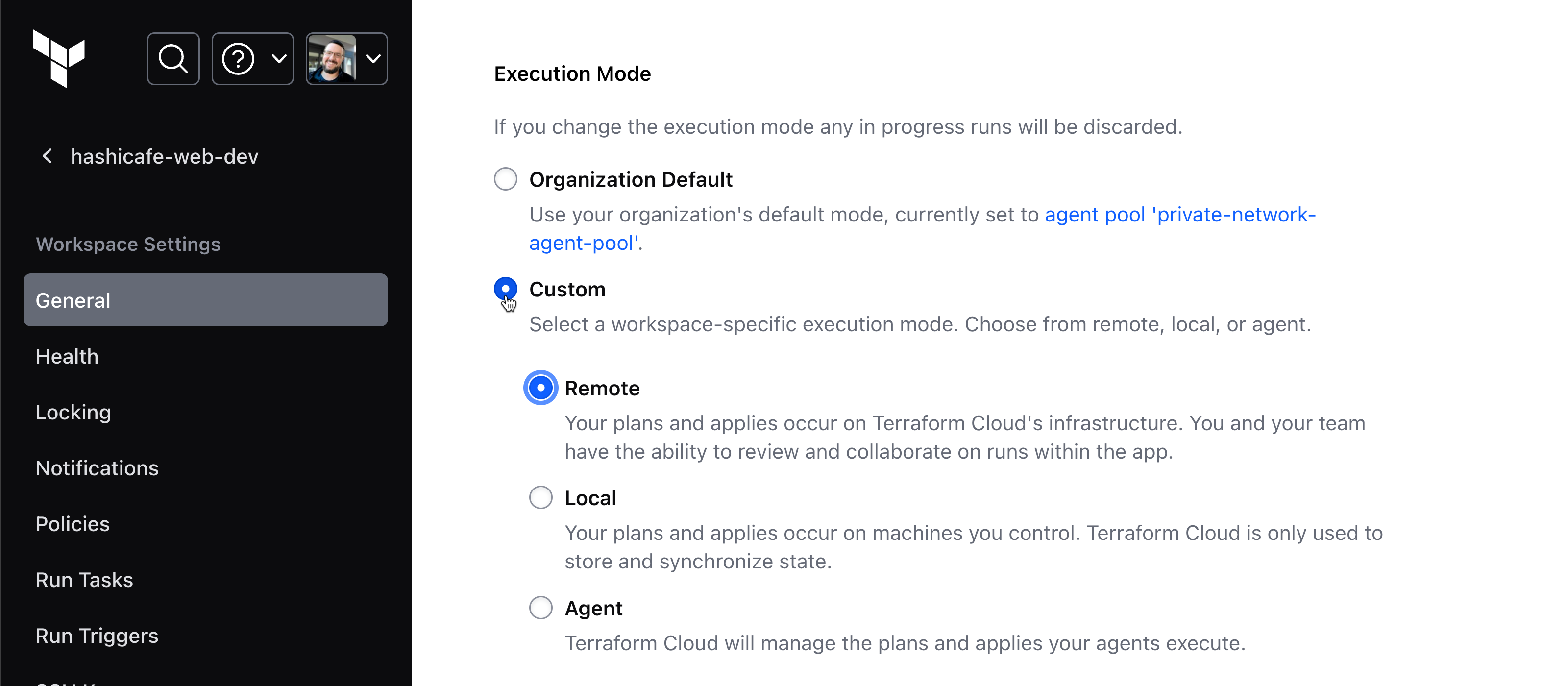Workspace admins can override the organization's default execution mode if needed.