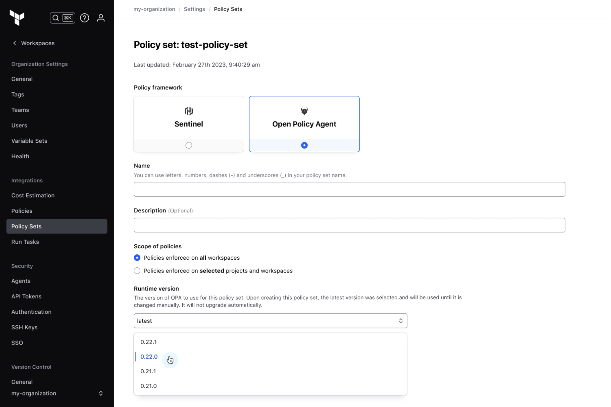 With policy runtime version management, Terraform Cloud users can select from a list of available runtime versions.