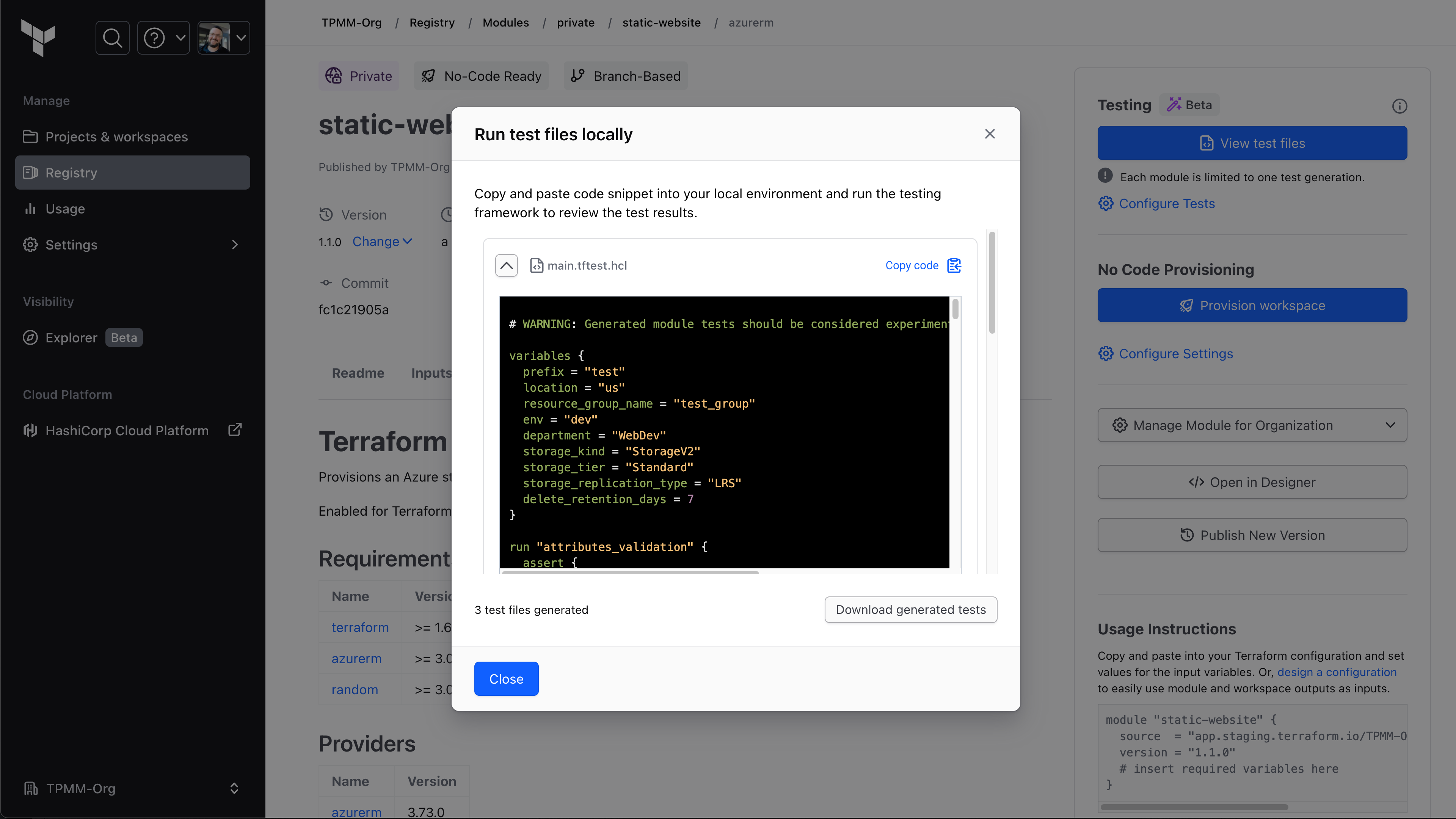 Users can copy and paste the AI-generated test code to run the Terraform testing framework.