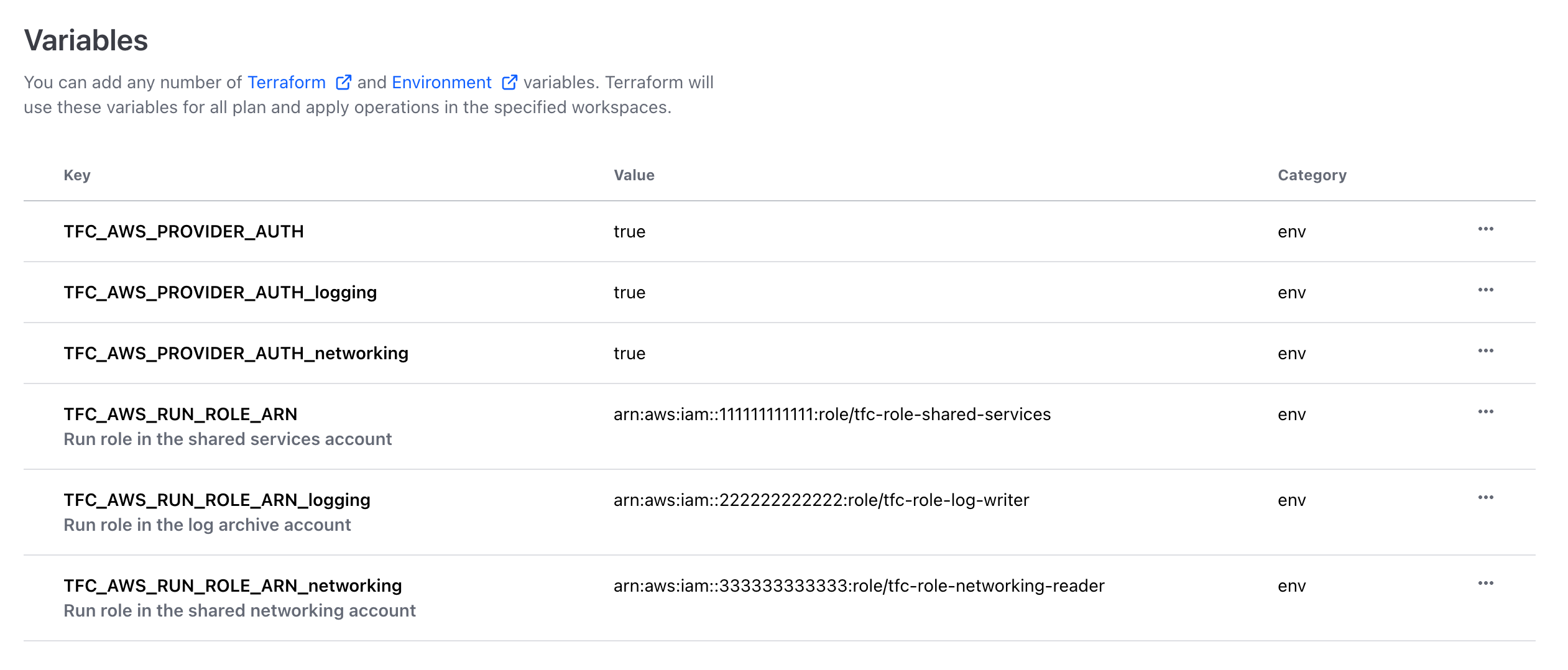 Environment variables assigned to a workspace enable dynamic provider credentials for multiple instances of the AWS provider with unique roles.