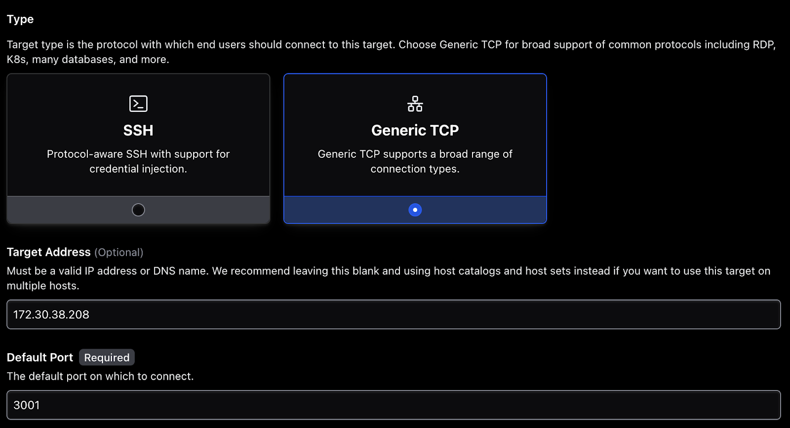 Configuring a generic TCP target