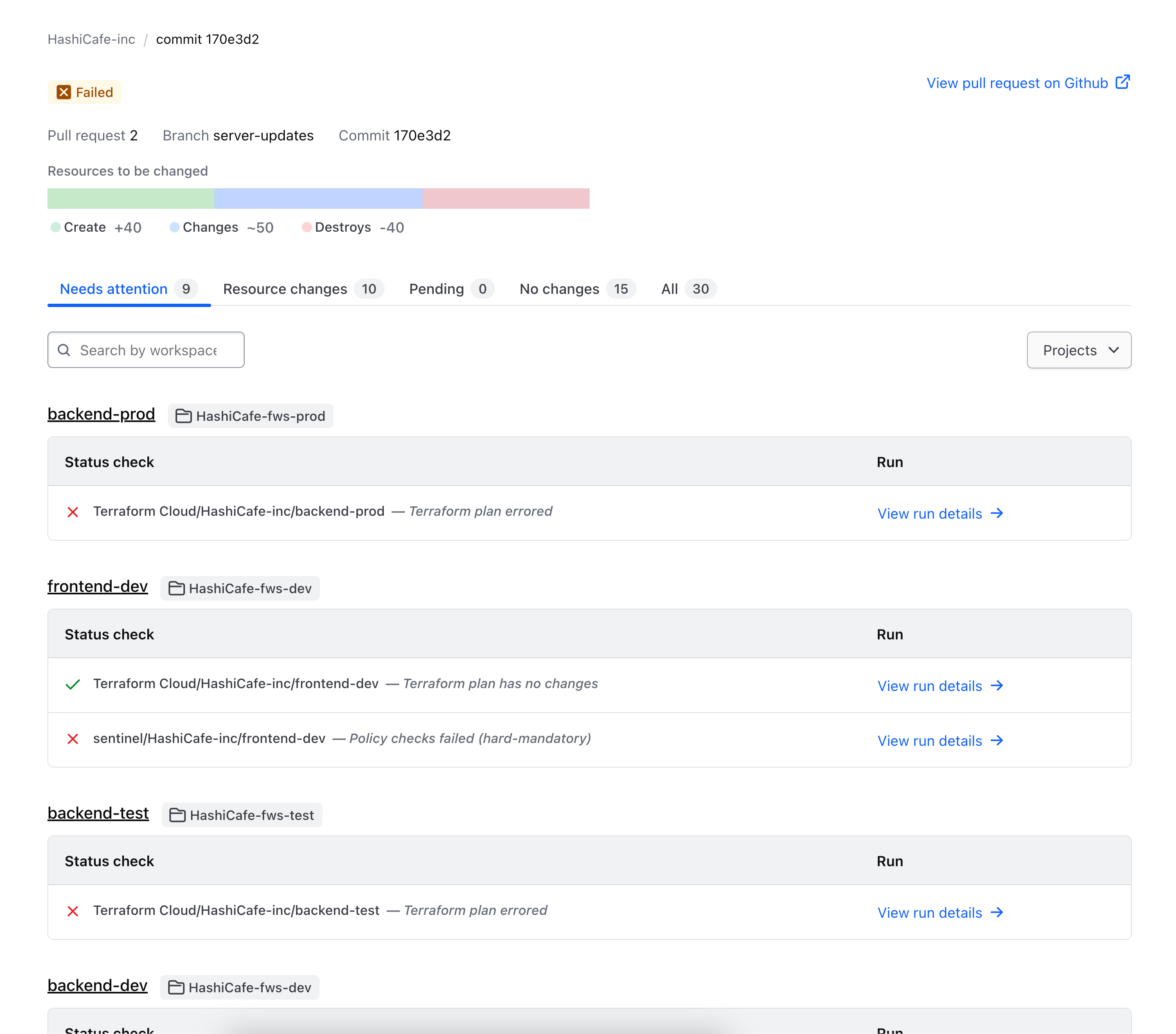 The new commit page summarizes all resource changes for workspaces connected to the repository.