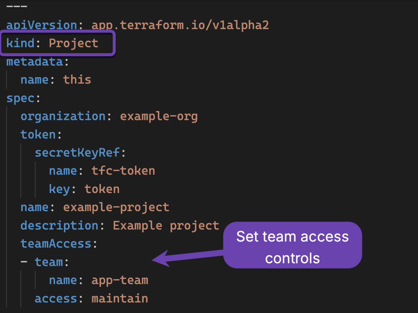 The new Project custom resource manages Terraform Cloud projects and team access