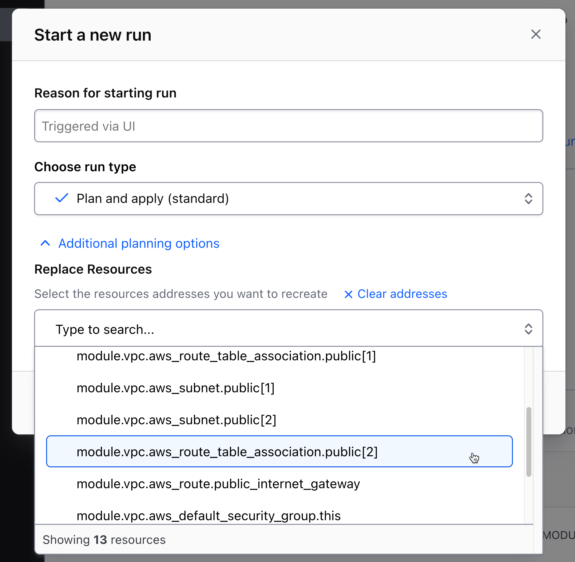 Replace resources by selecting them in the “Start a new run” dialog