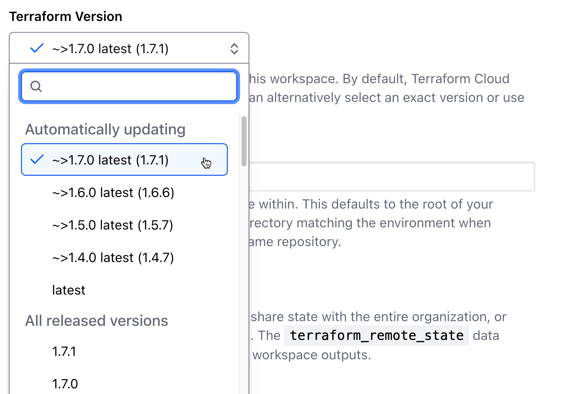 New version constraint selections allow a workspace to auto-update Terraform patch releases within a minor version.