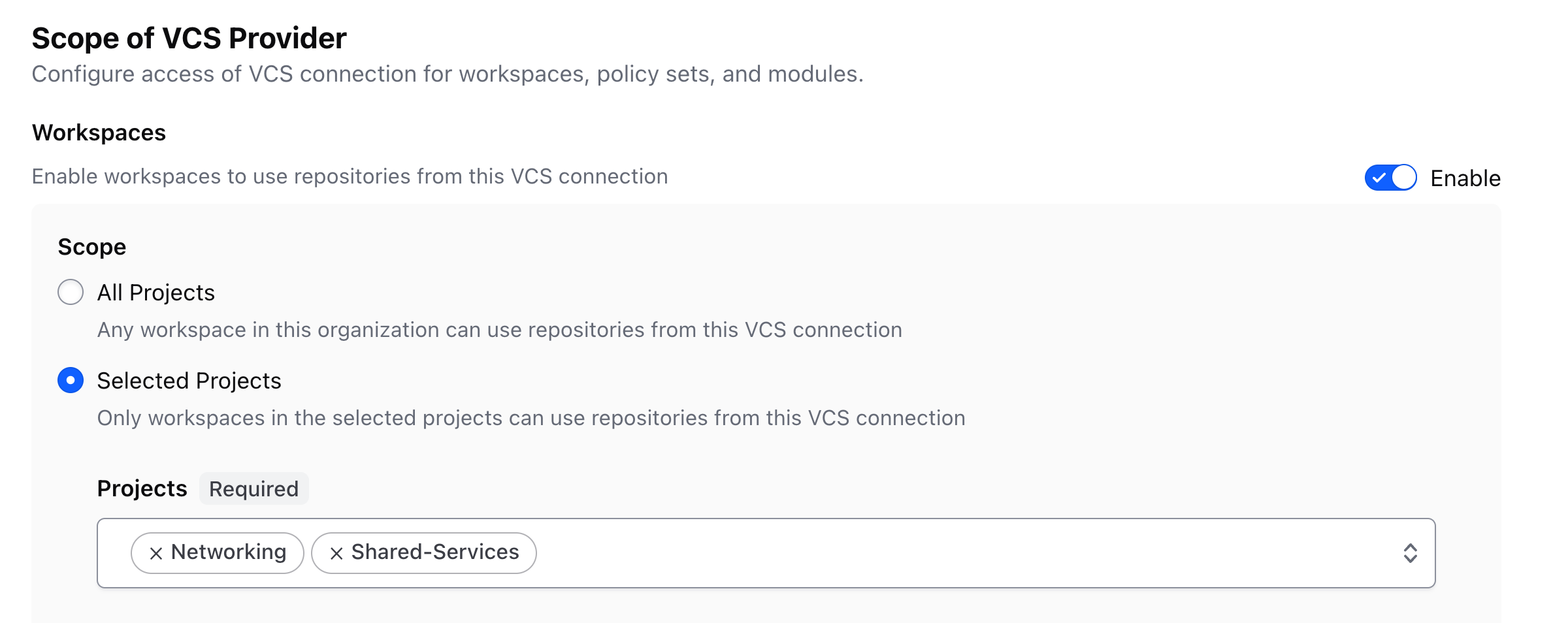 The new scope settings allow you to configure the projects that can access a VCS provider.