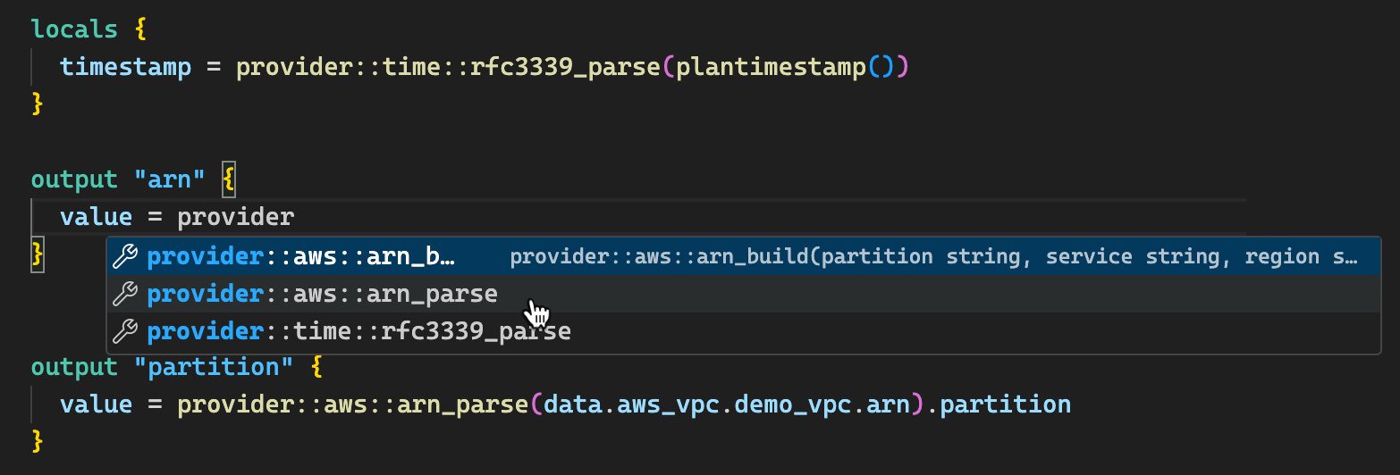 The Terraform extension for Visual Studio Code provides syntax highlighting and code completion for provider-defined functions.