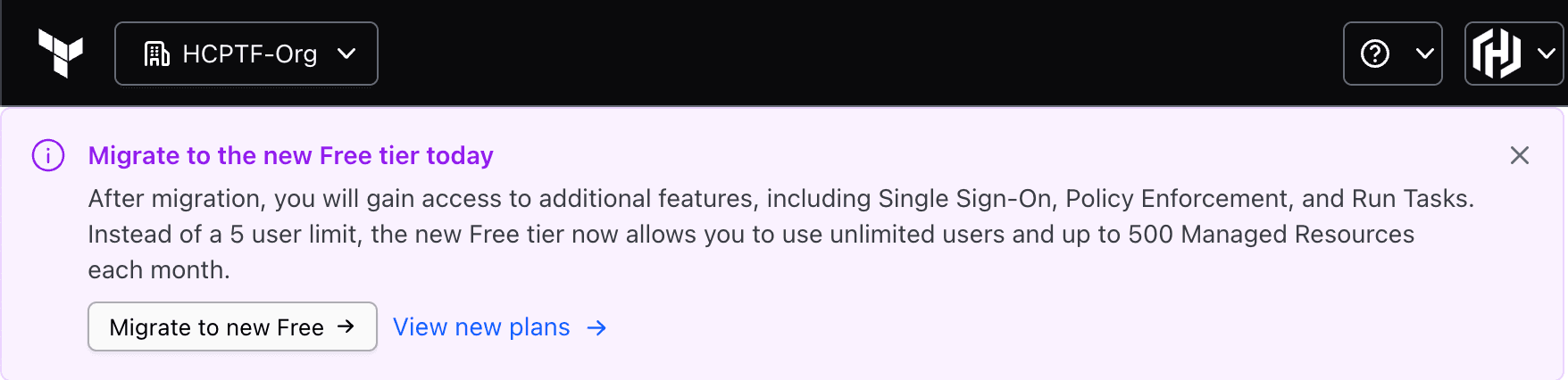 Free tier migration message