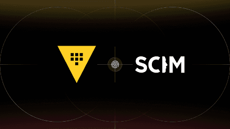 A graphic showing the yellow Vault logo on the left connected to the text "SCIM" on the right by a line passing through a small user profile icon, set against a dark background with thin intersecting circular lines