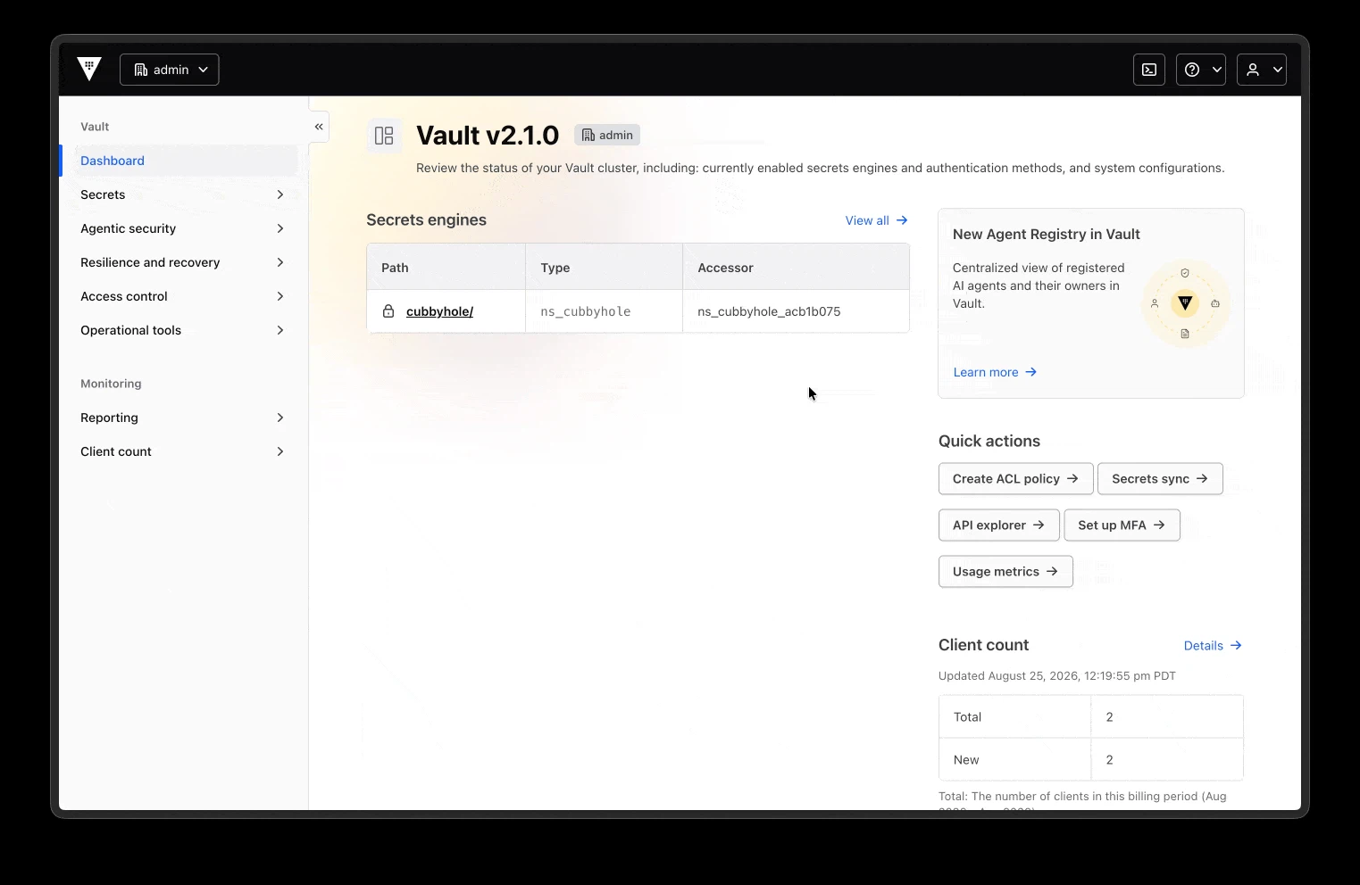 An animated GIF of the Agent Registry in action within the Vault UI