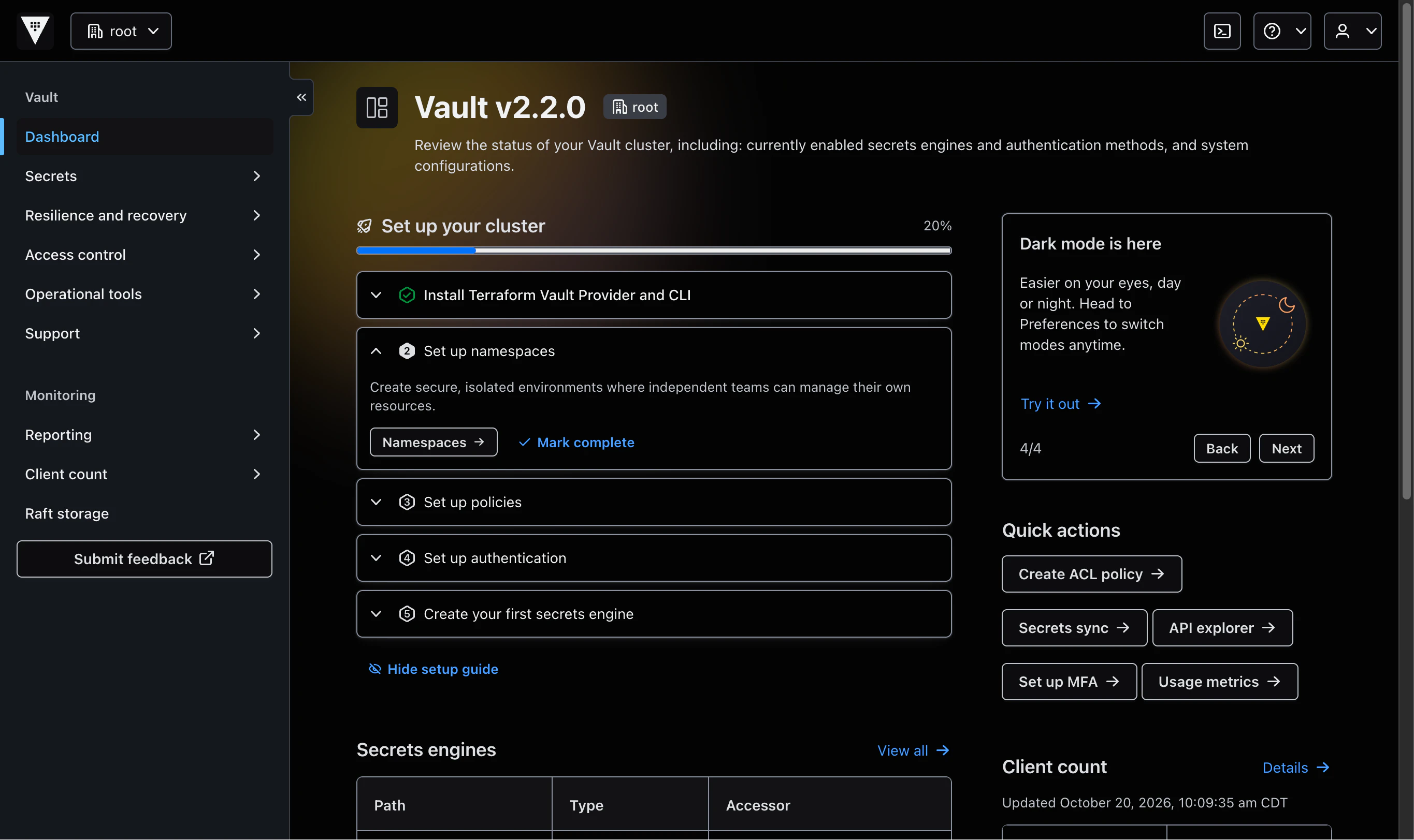 An image of the Vault product UI with enhancements delivered as part of the Vault 2.2 release - including dark mode, feature spotlights and the Submit feedback button